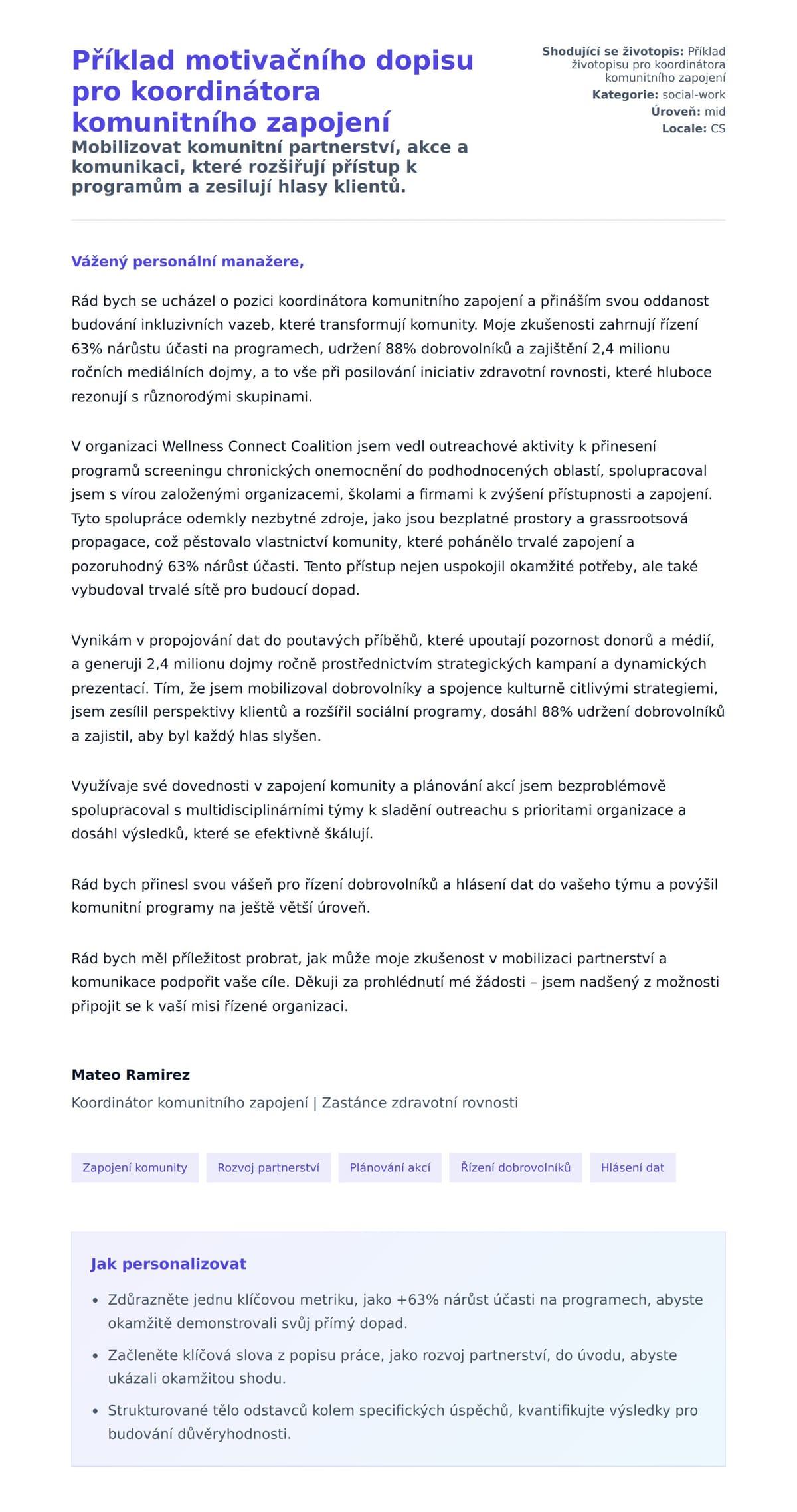 Náhled motivačního dopisu pro Příklad motivačního dopisu pro koordinátora komunitního zapojení