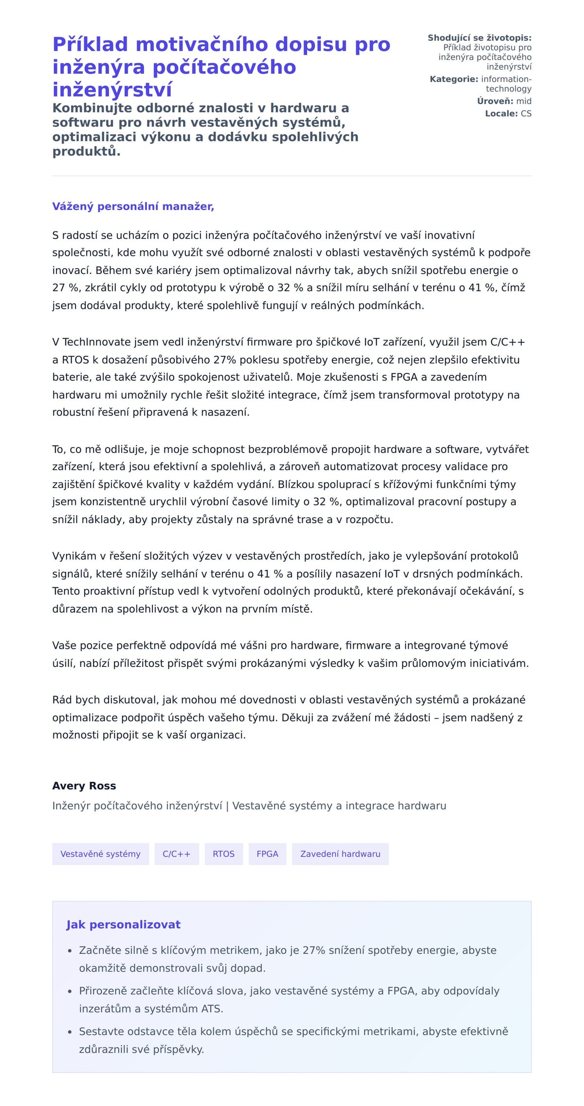 Náhled motivačního dopisu pro Příklad motivačního dopisu pro inženýra počítačového inženýrství