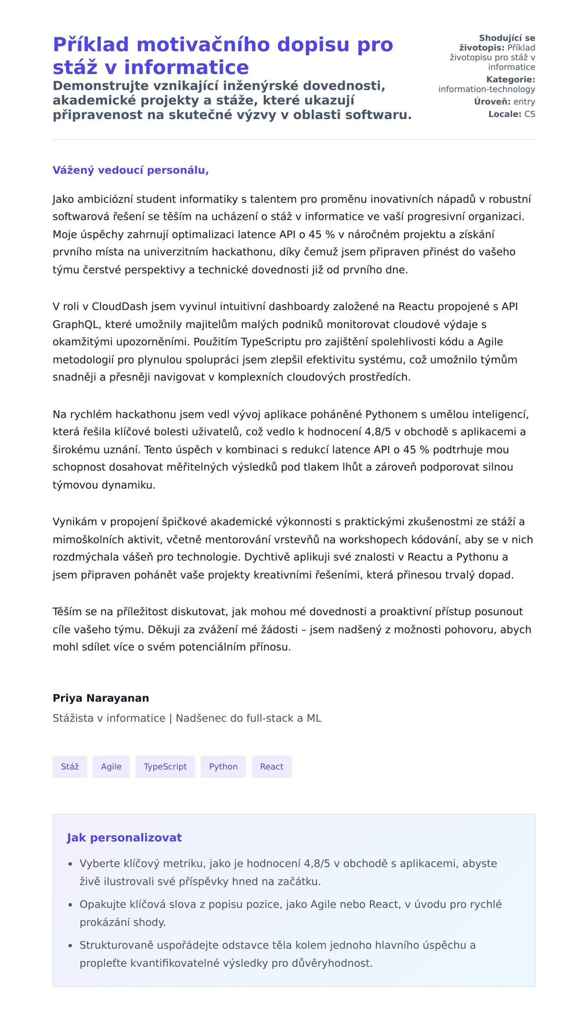 Náhled motivačního dopisu pro Příklad motivačního dopisu pro stáž v informatice