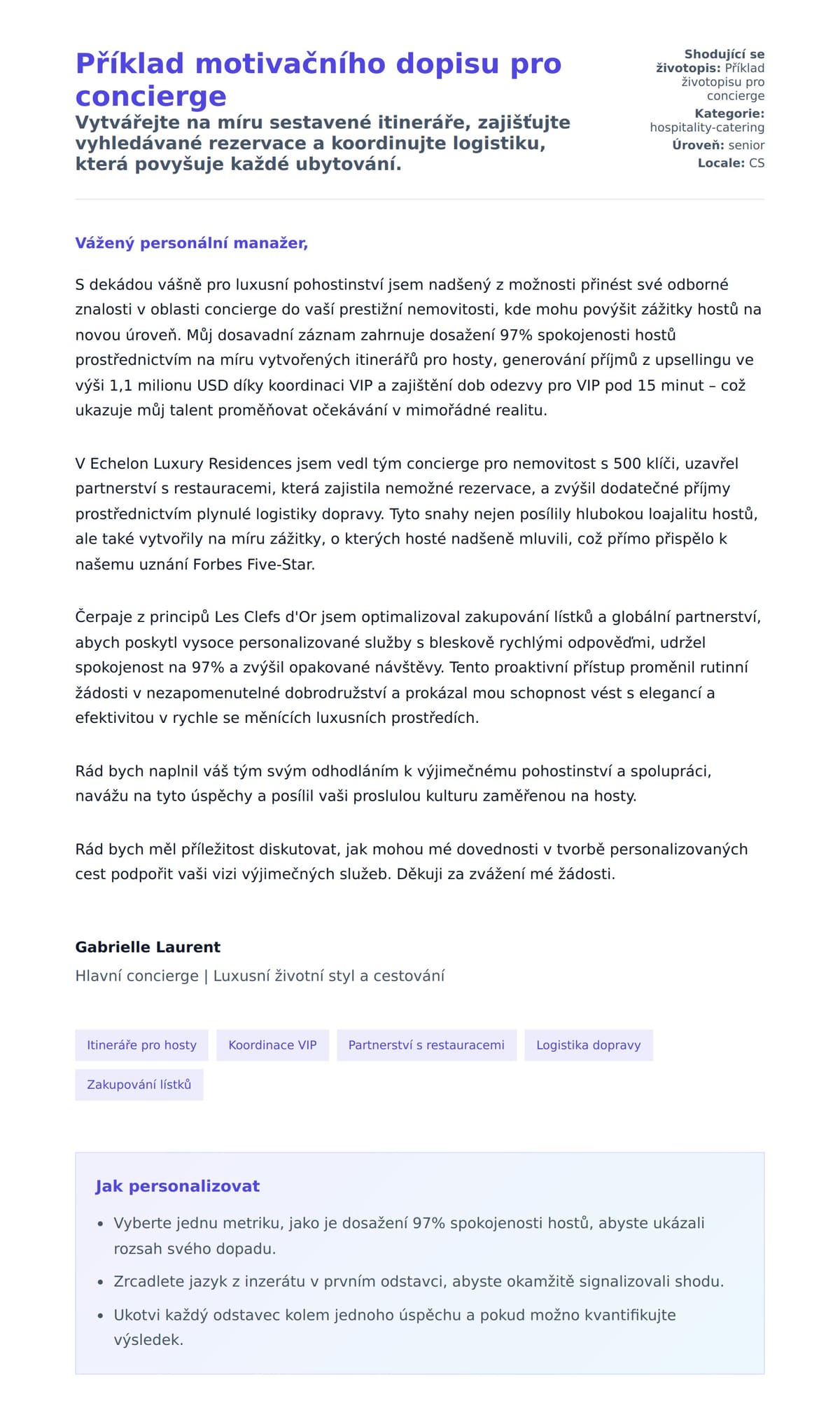 Náhled motivačního dopisu pro Příklad motivačního dopisu pro concierge