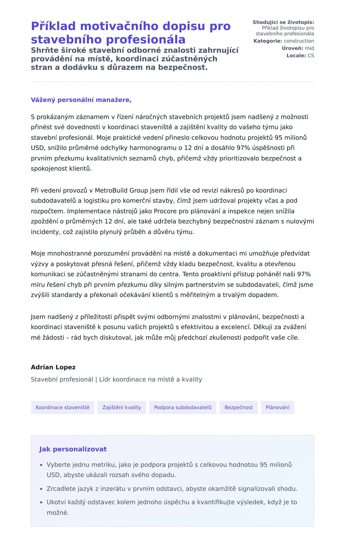 Náhled motivačního dopisu pro Příklad motivačního dopisu pro stavebního profesionála