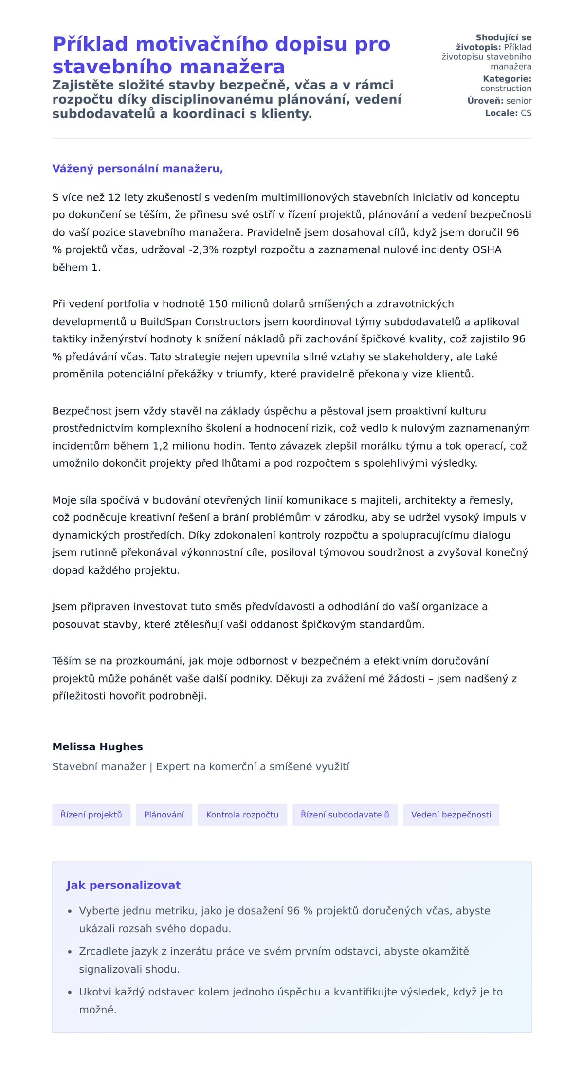 Náhled motivačního dopisu pro Příklad motivačního dopisu pro stavebního manažera