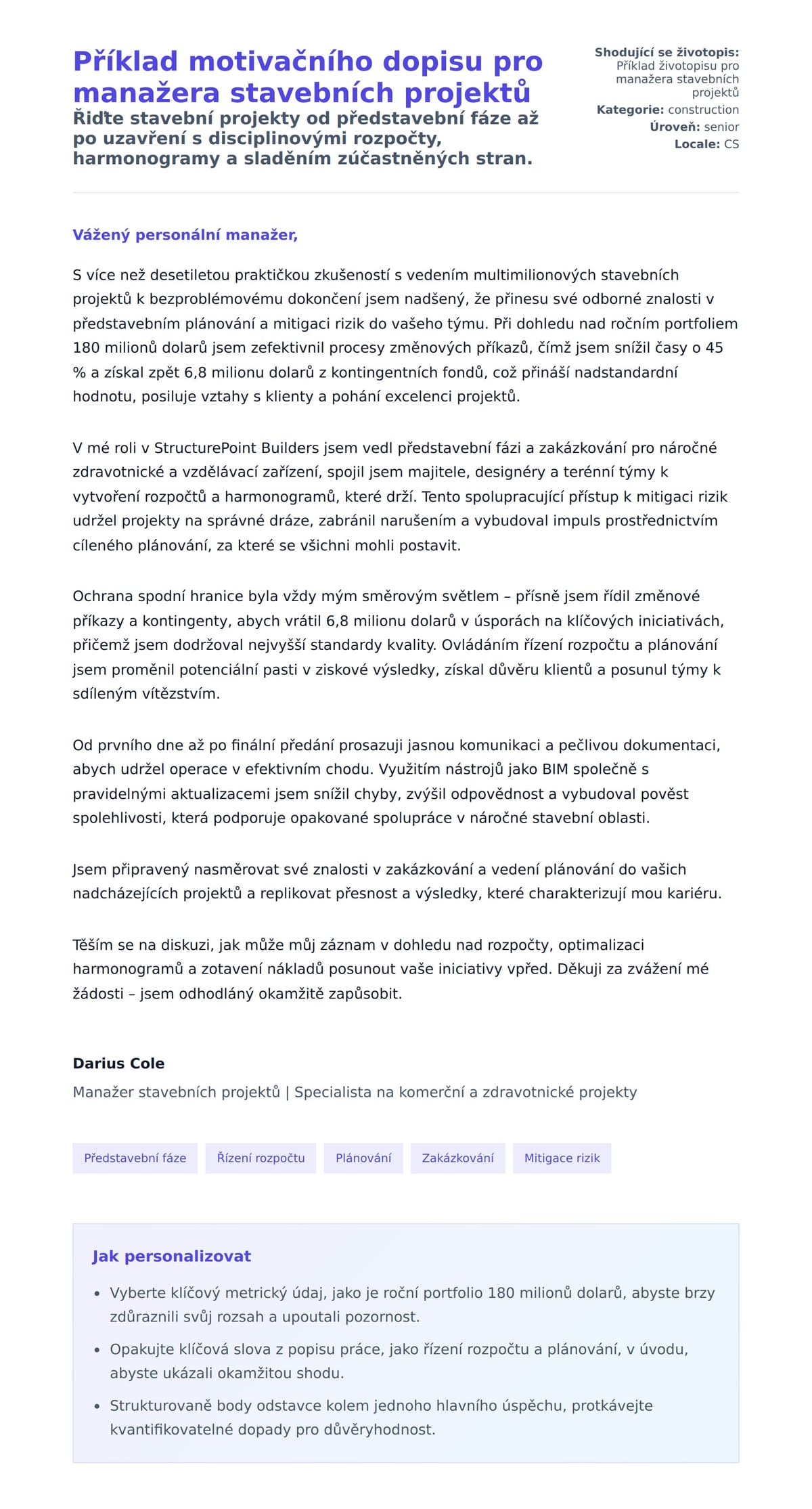 Náhled motivačního dopisu pro Příklad motivačního dopisu pro manažera stavebních projektů