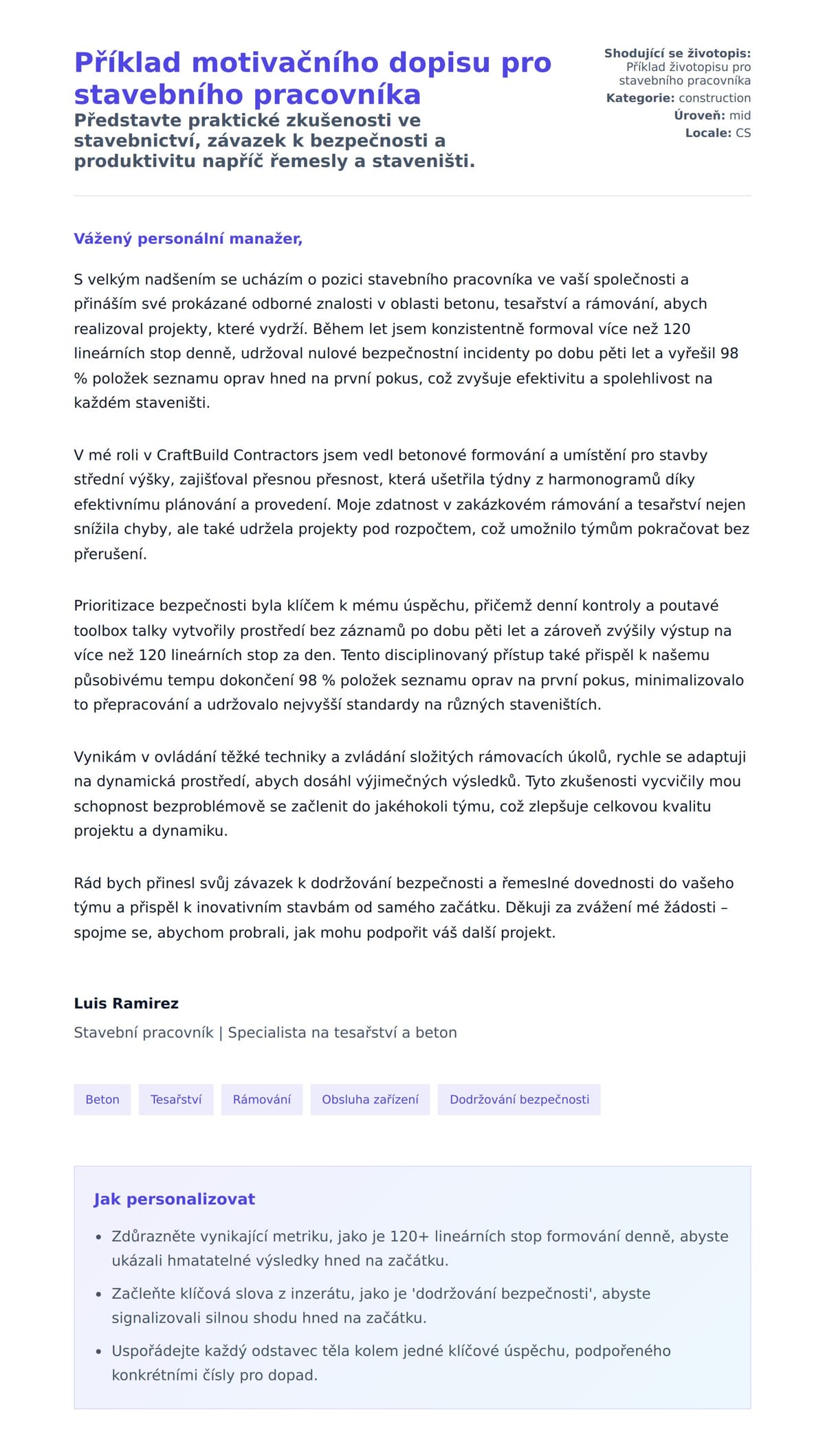 Náhled motivačního dopisu pro Příklad motivačního dopisu pro stavebního pracovníka
