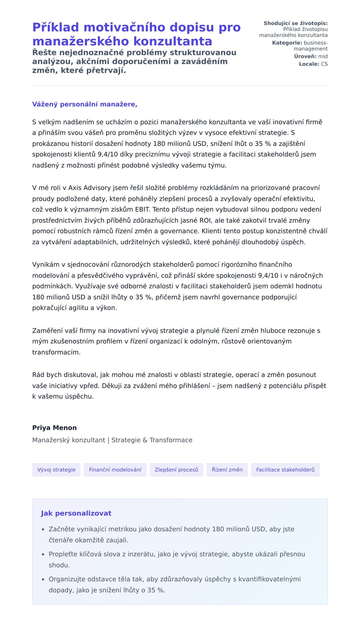 Náhled motivačního dopisu pro Příklad motivačního dopisu pro manažerského konzultanta