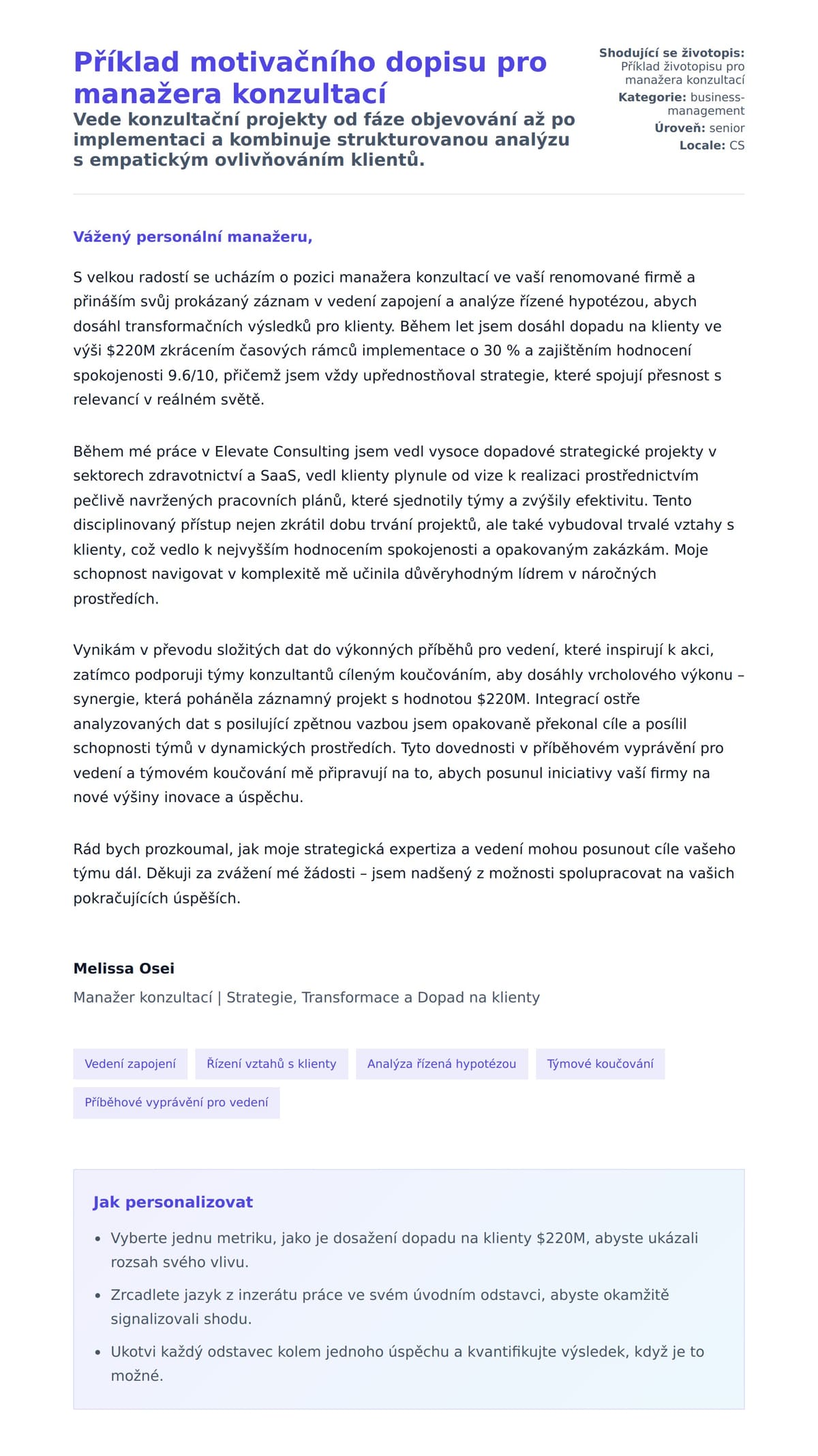 Náhled motivačního dopisu pro Příklad motivačního dopisu pro manažera konzultací