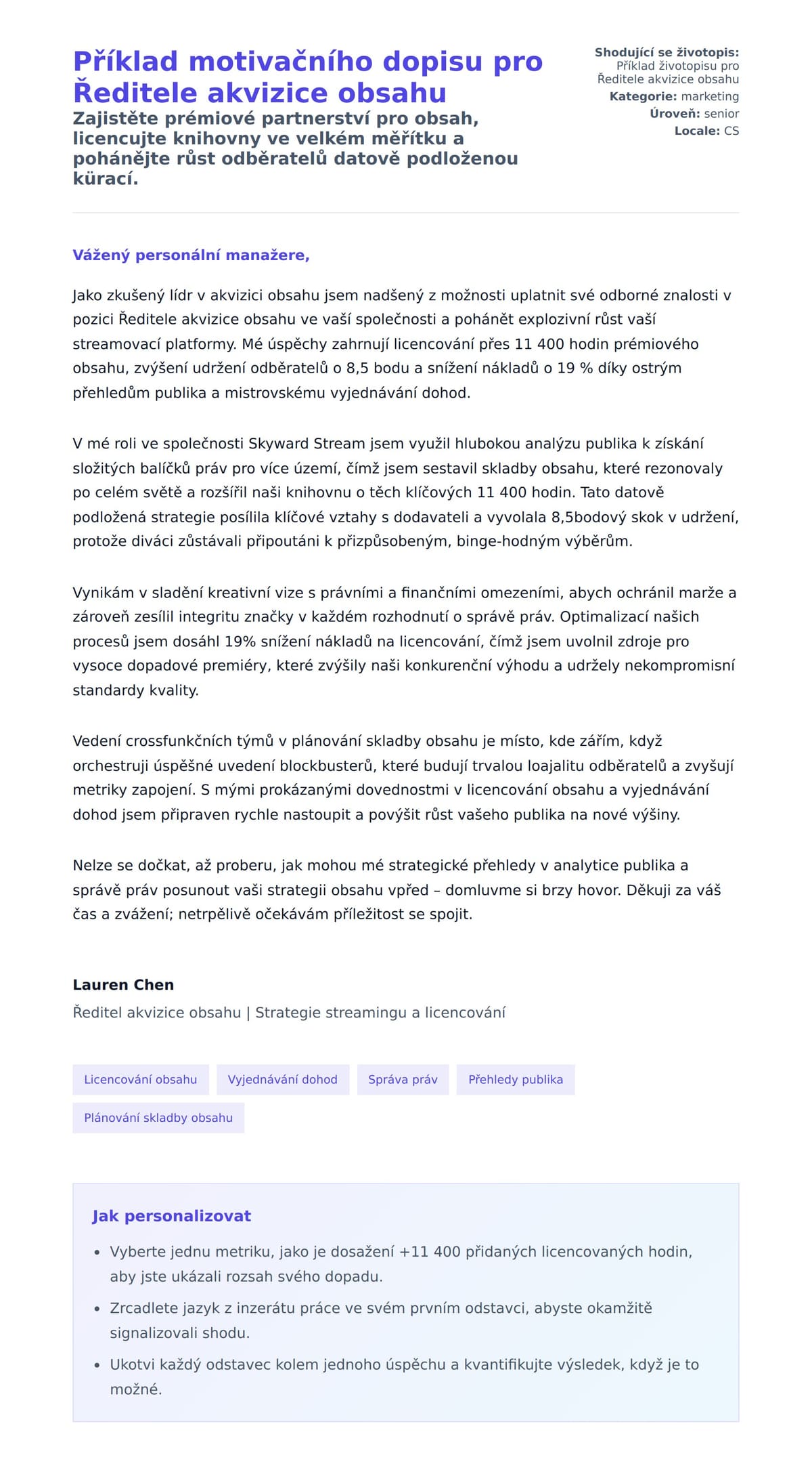 Náhled motivačního dopisu pro Příklad motivačního dopisu pro Ředitele akvizice obsahu