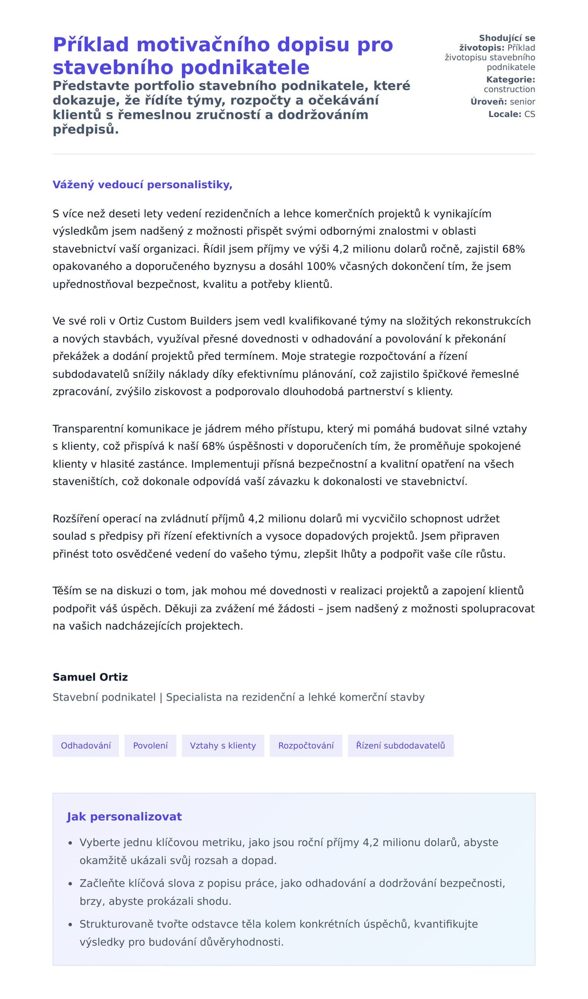 Náhled motivačního dopisu pro Příklad motivačního dopisu pro stavebního podnikatele