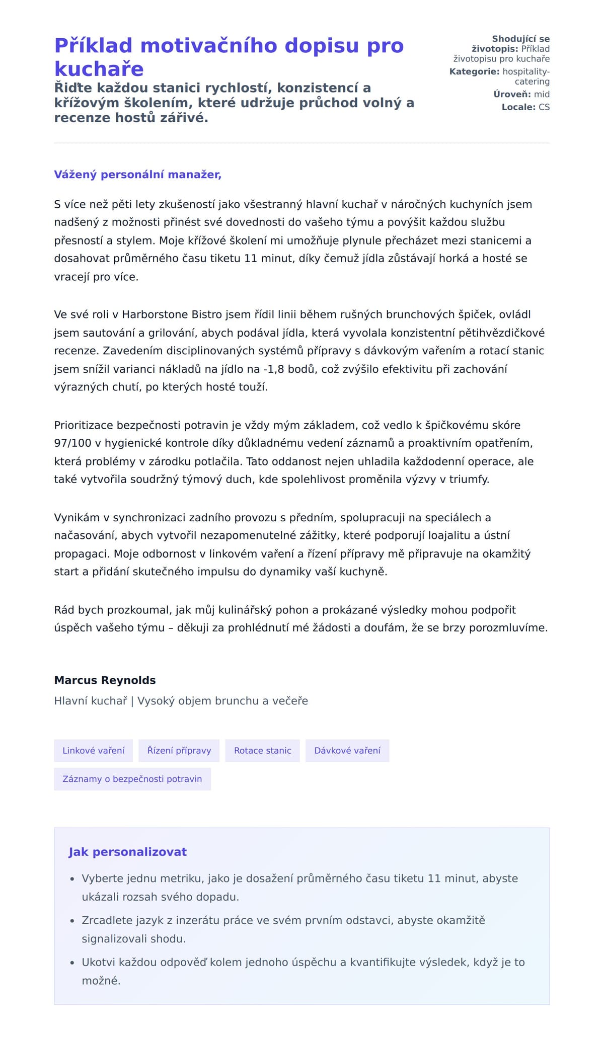 Náhled motivačního dopisu pro Příklad motivačního dopisu pro kuchaře