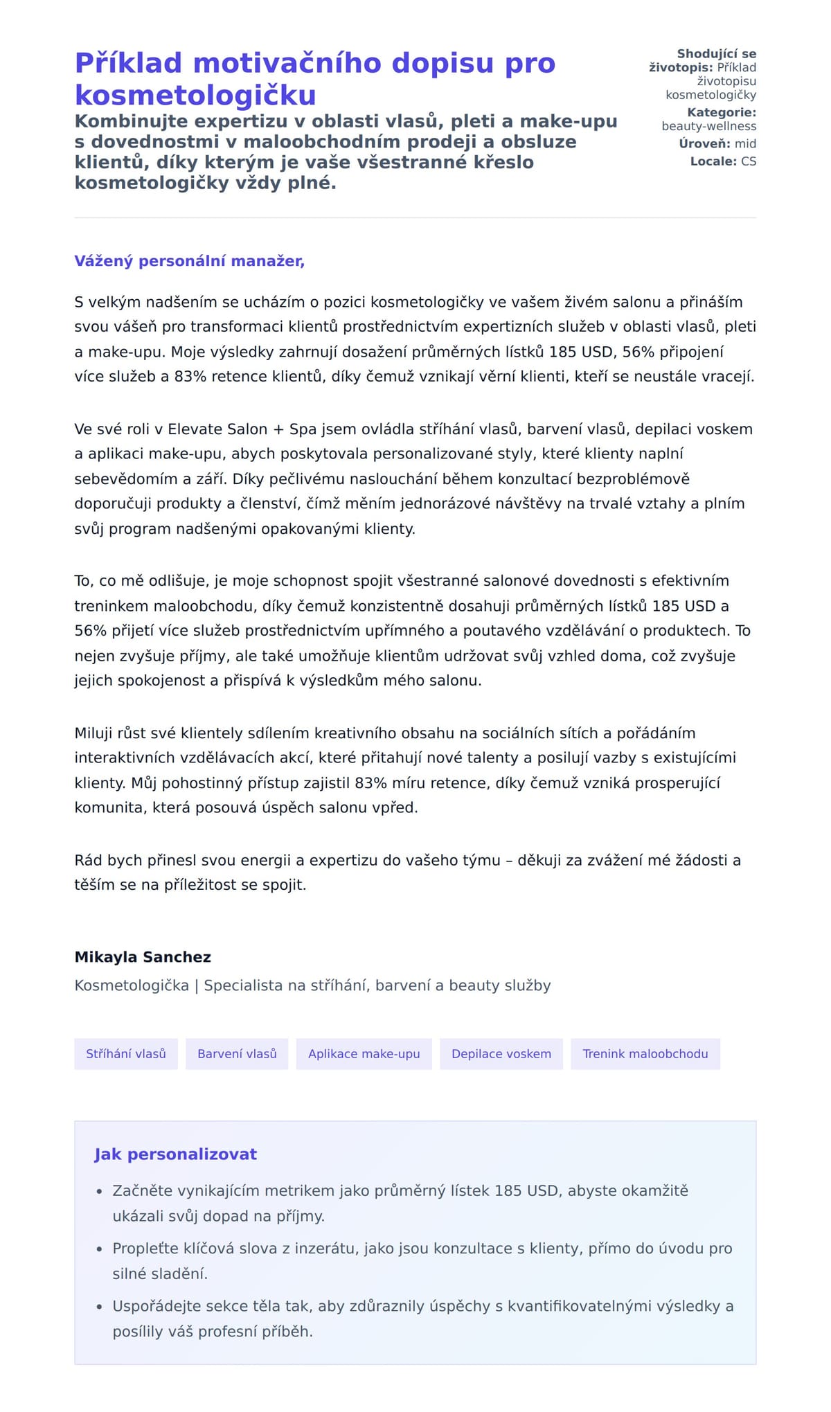 Náhled motivačního dopisu pro Příklad motivačního dopisu pro kosmetologičku
