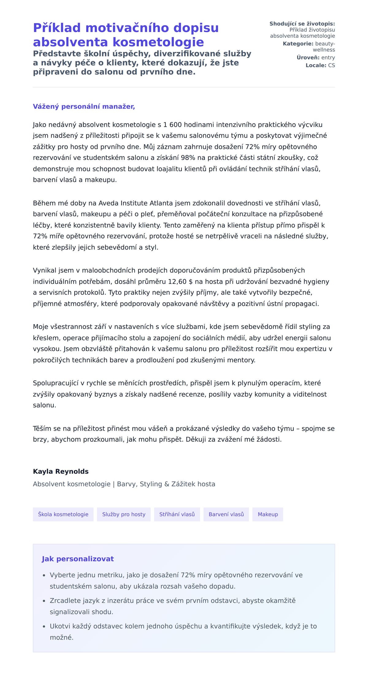 Náhled motivačního dopisu pro Příklad motivačního dopisu absolventa kosmetologie