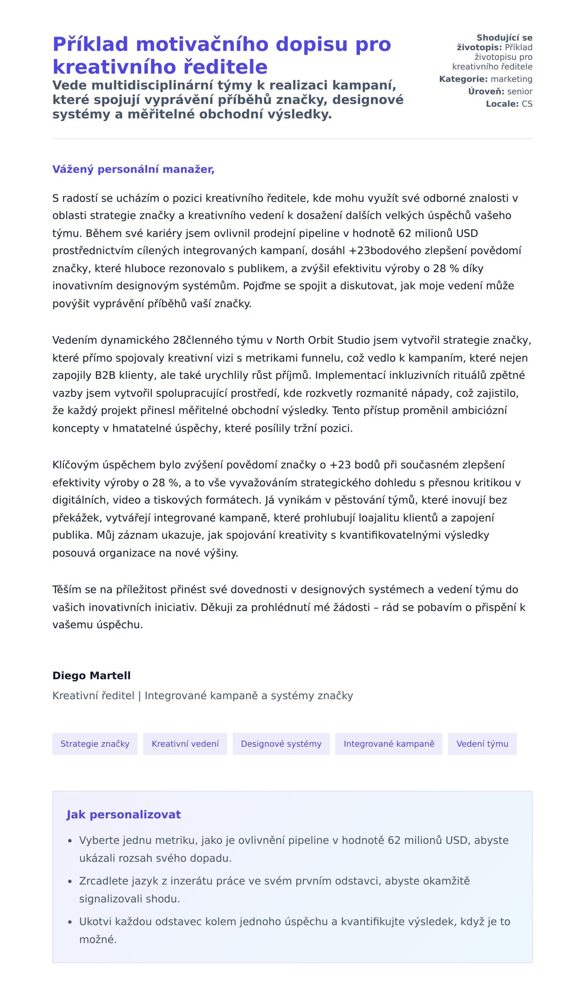 Náhled motivačního dopisu pro Příklad motivačního dopisu pro kreativního ředitele