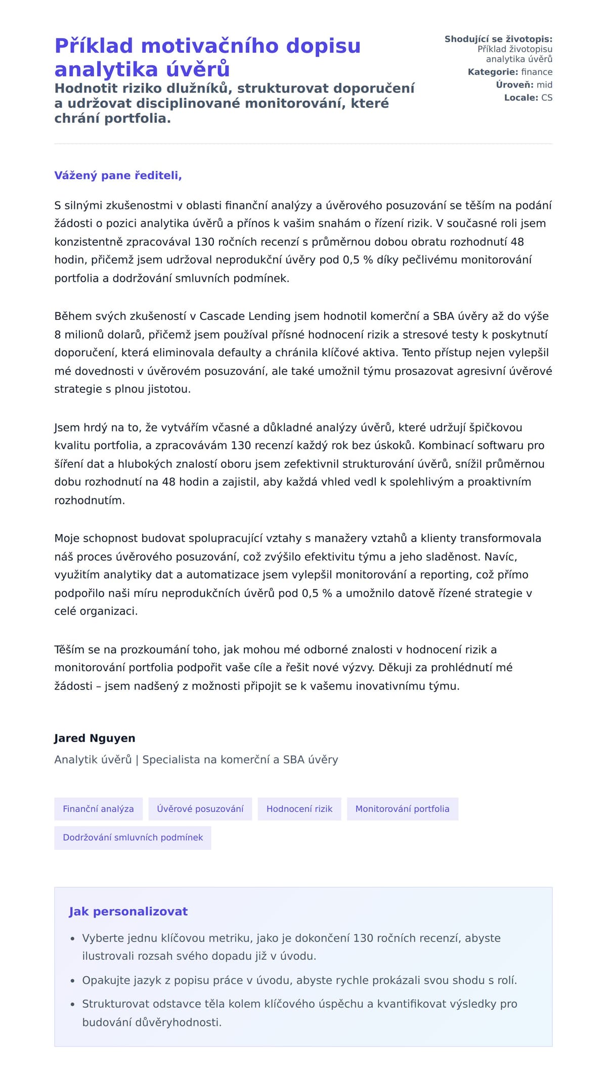Náhled motivačního dopisu pro Příklad motivačního dopisu analytika úvěrů