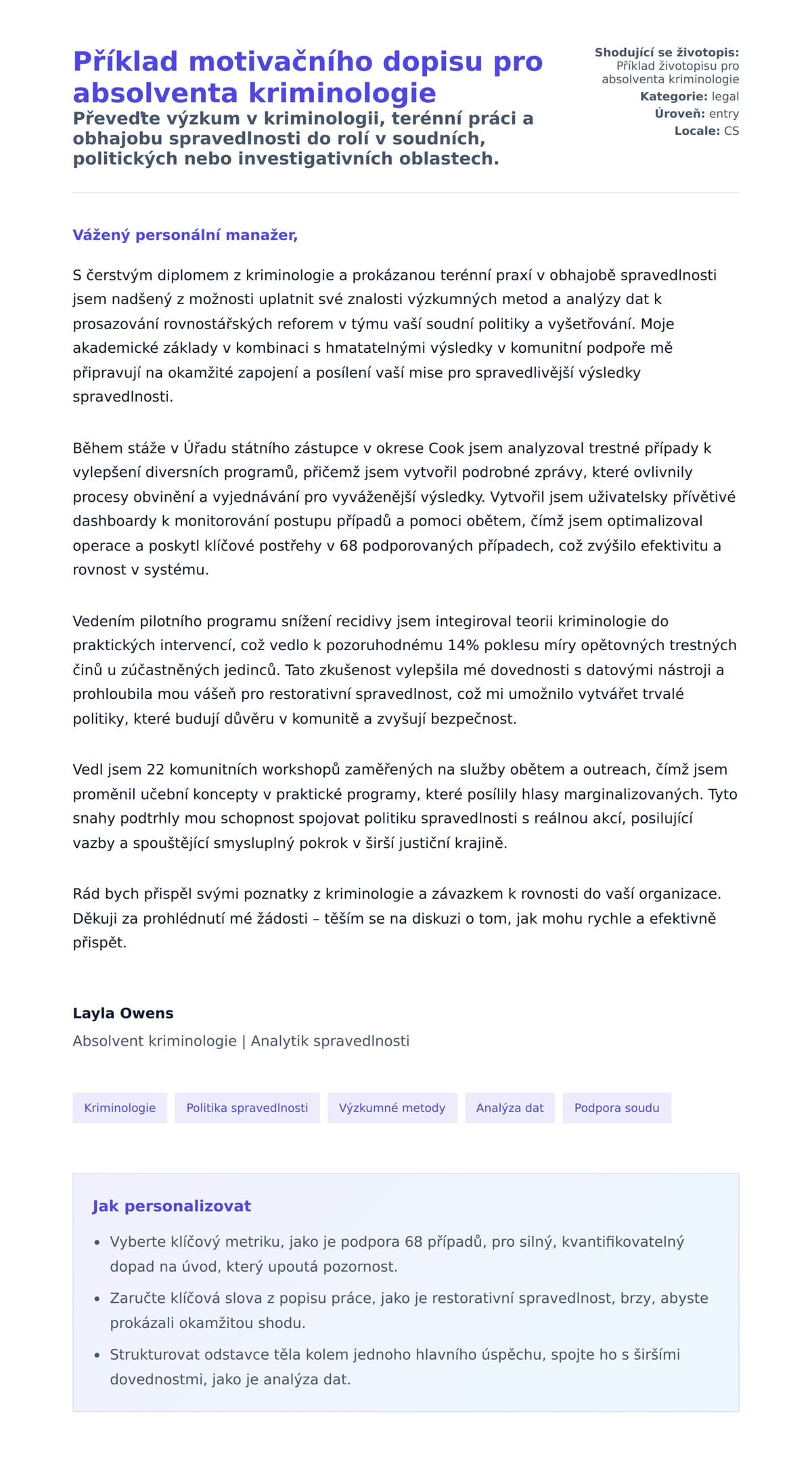 Náhled motivačního dopisu pro Příklad motivačního dopisu pro absolventa kriminologie