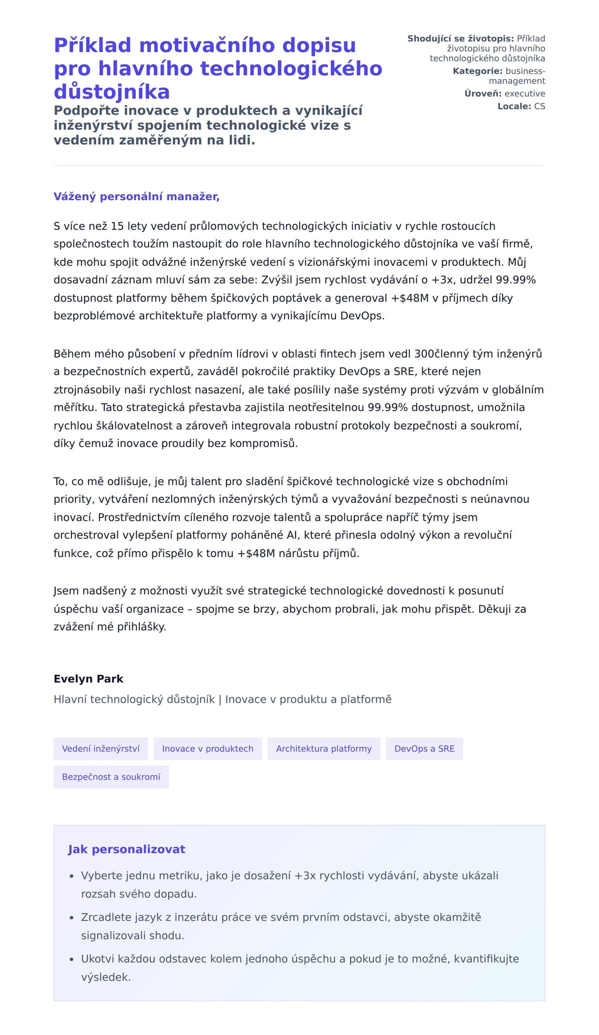Náhled motivačního dopisu pro Příklad motivačního dopisu pro hlavního technologického důstojníka