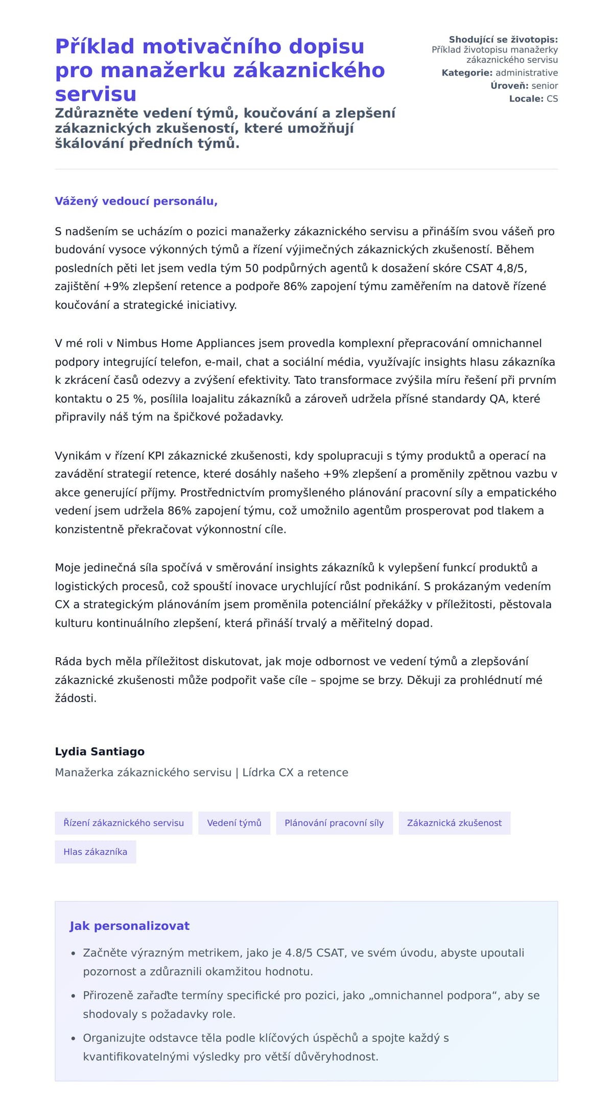 Náhled motivačního dopisu pro Příklad motivačního dopisu pro manažerku zákaznického servisu