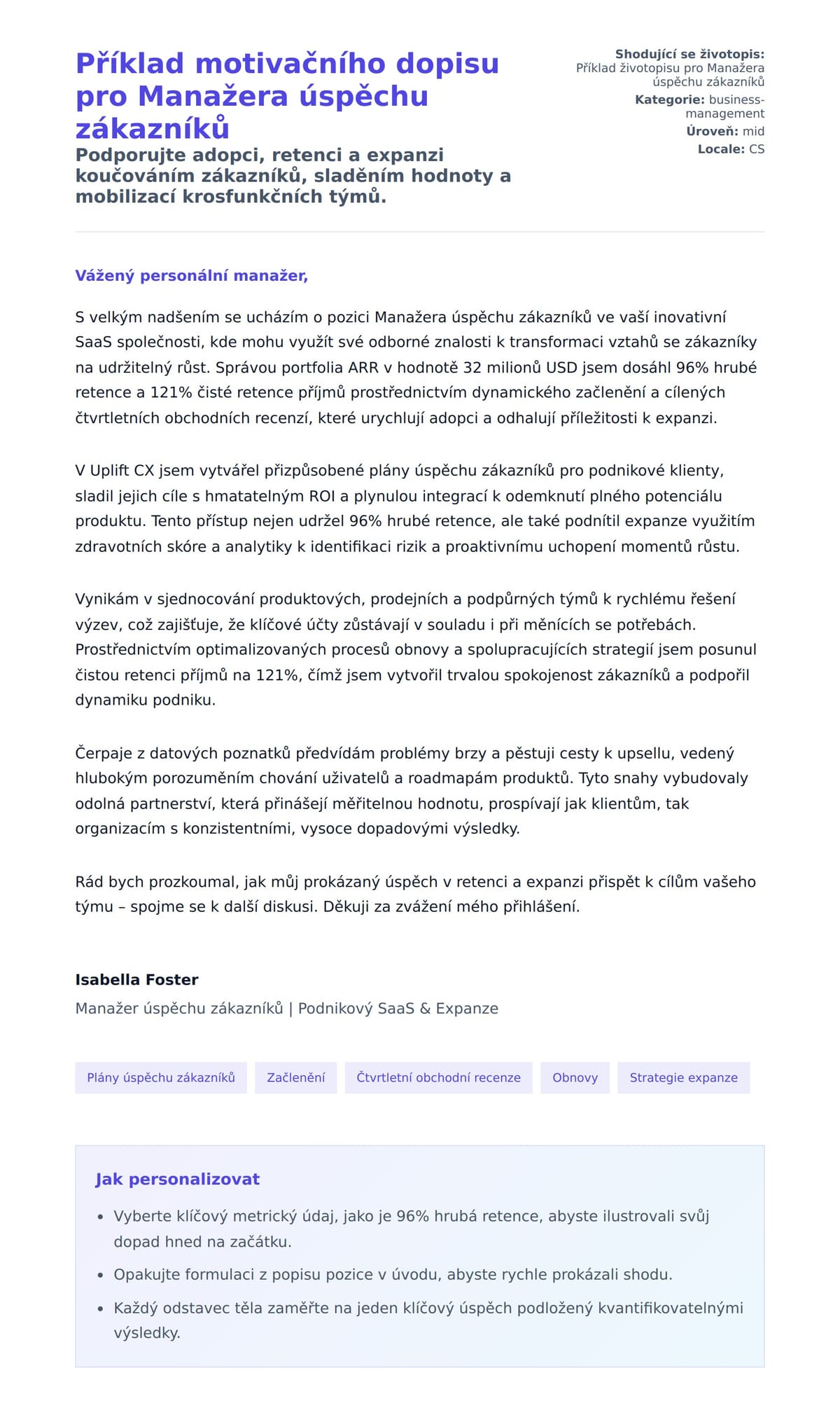 Náhled motivačního dopisu pro Příklad motivačního dopisu pro Manažera úspěchu zákazníků