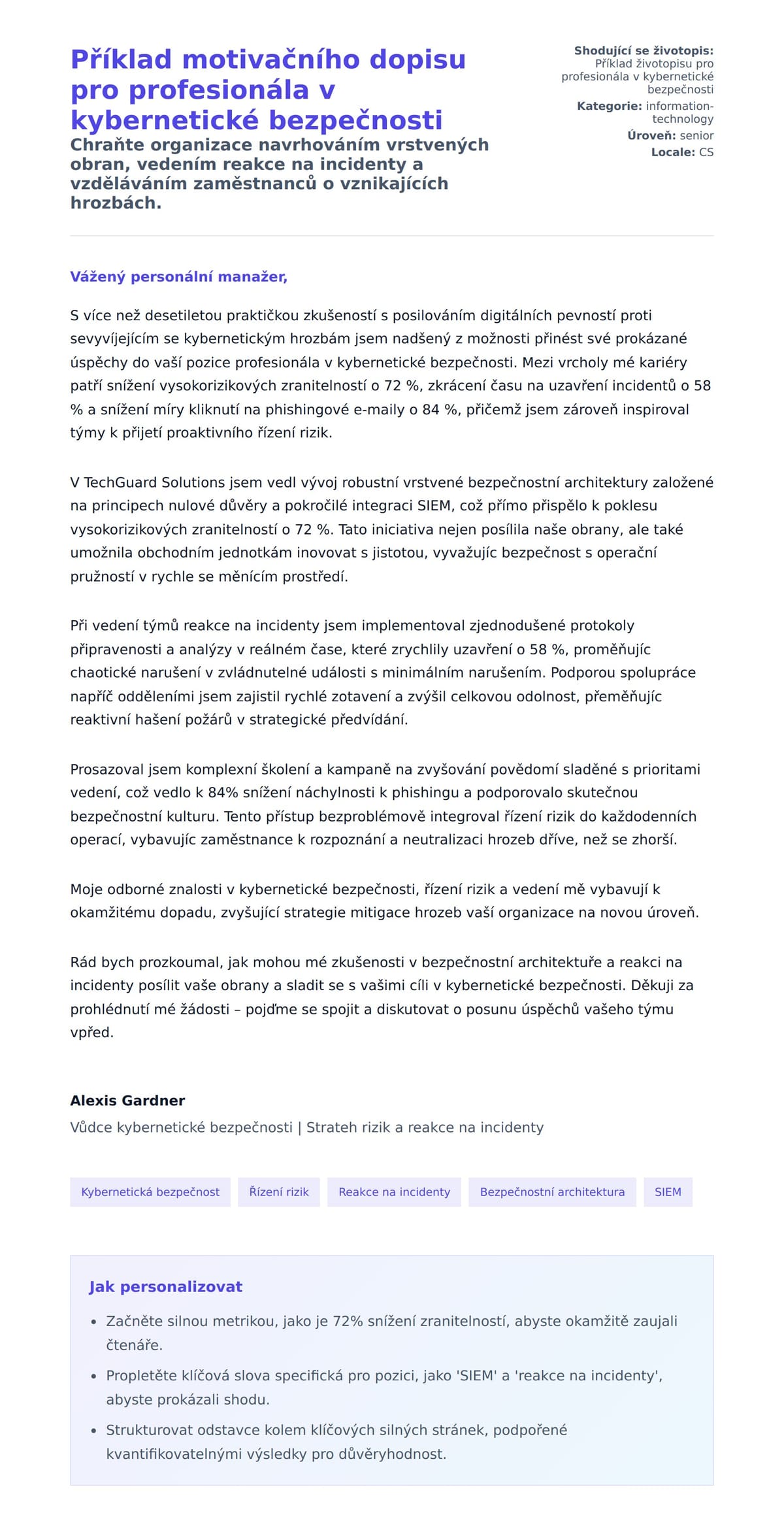 Náhled motivačního dopisu pro Příklad motivačního dopisu pro profesionála v kybernetické bezpečnosti