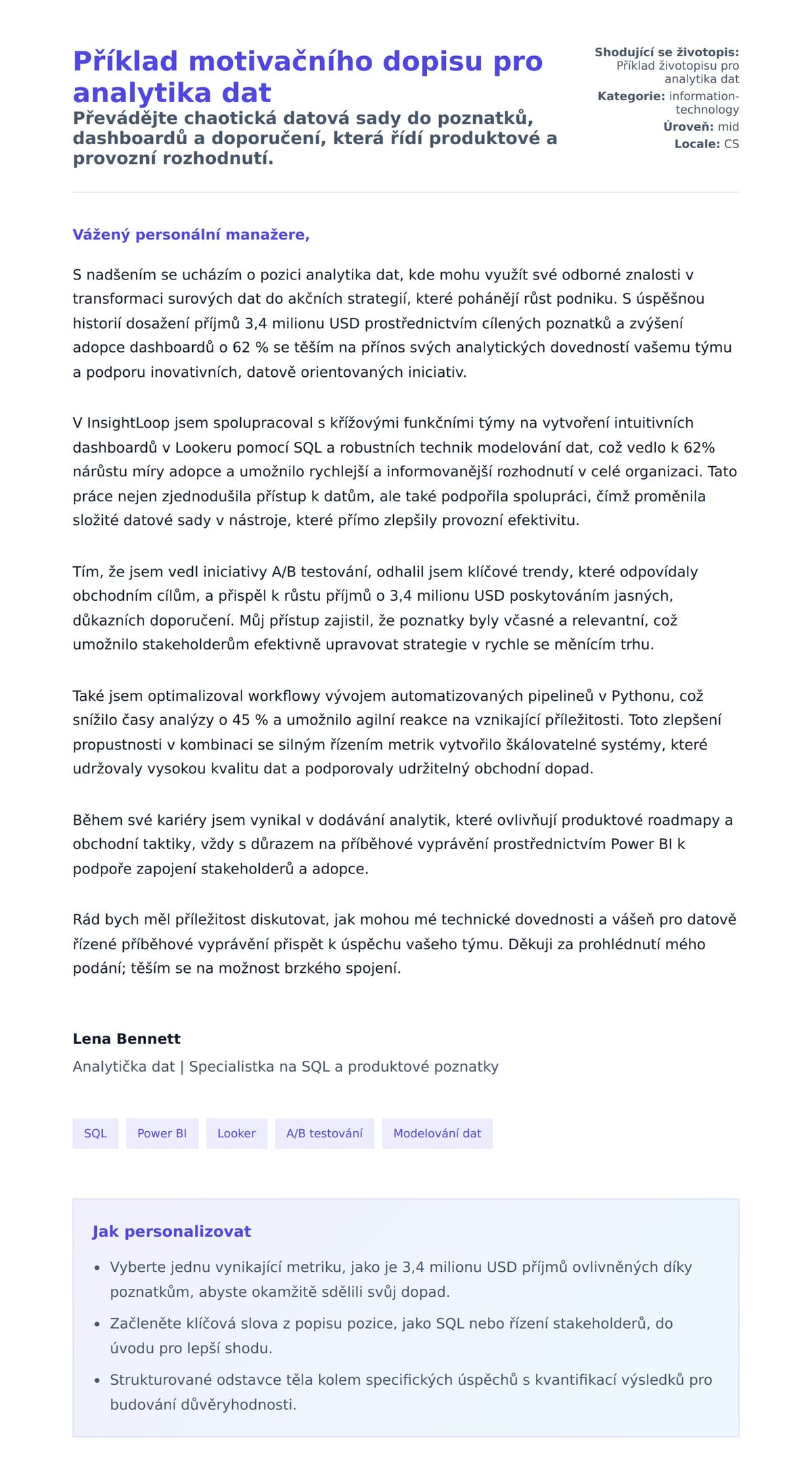Náhled motivačního dopisu pro Příklad motivačního dopisu pro analytika dat