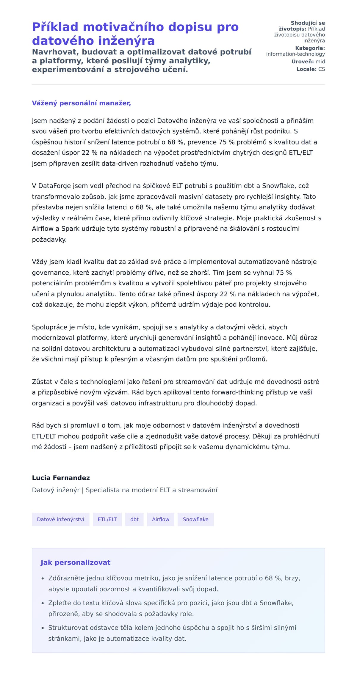 Náhled motivačního dopisu pro Příklad motivačního dopisu pro datového inženýra