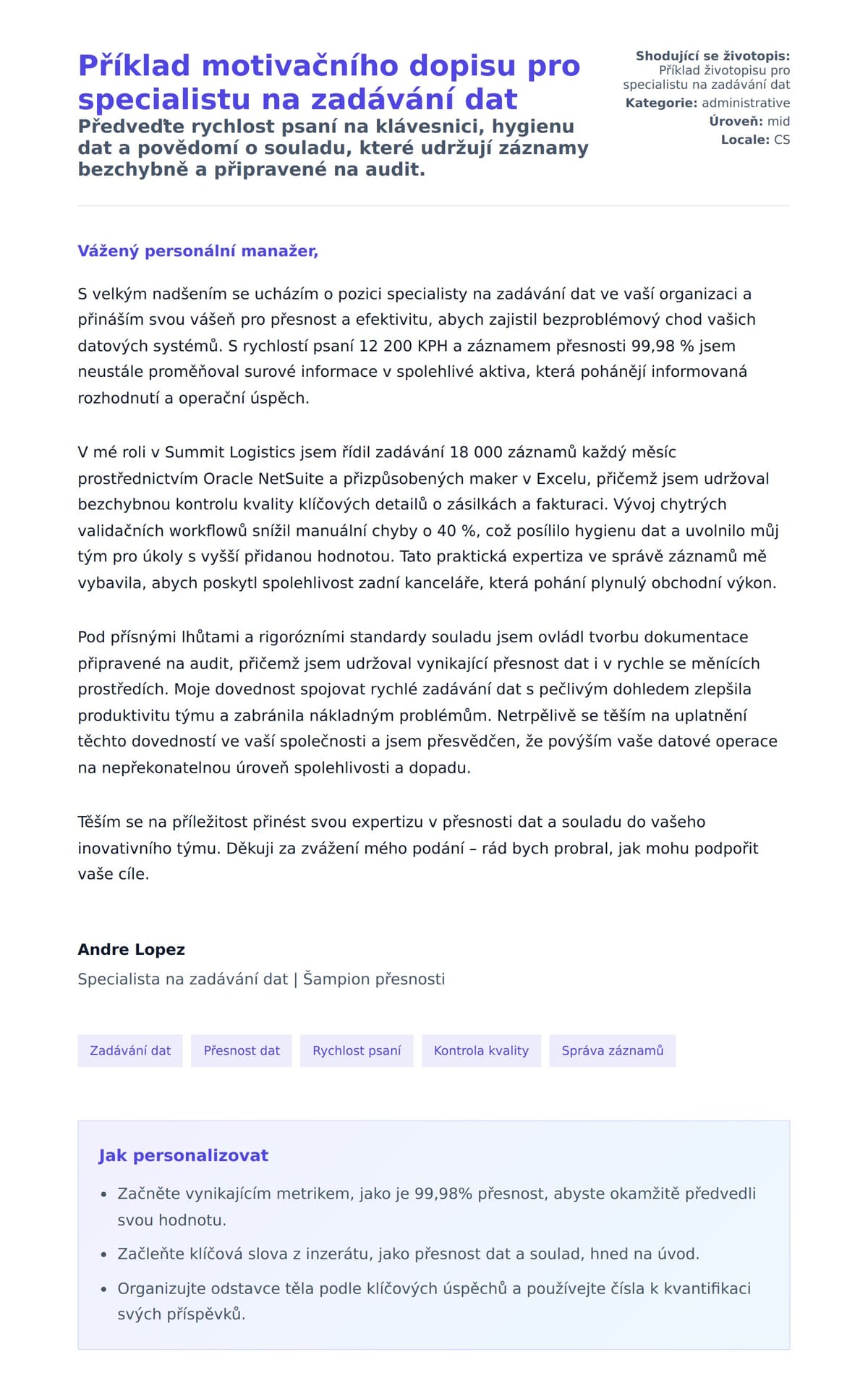 Náhled motivačního dopisu pro Příklad motivačního dopisu pro specialistu na zadávání dat