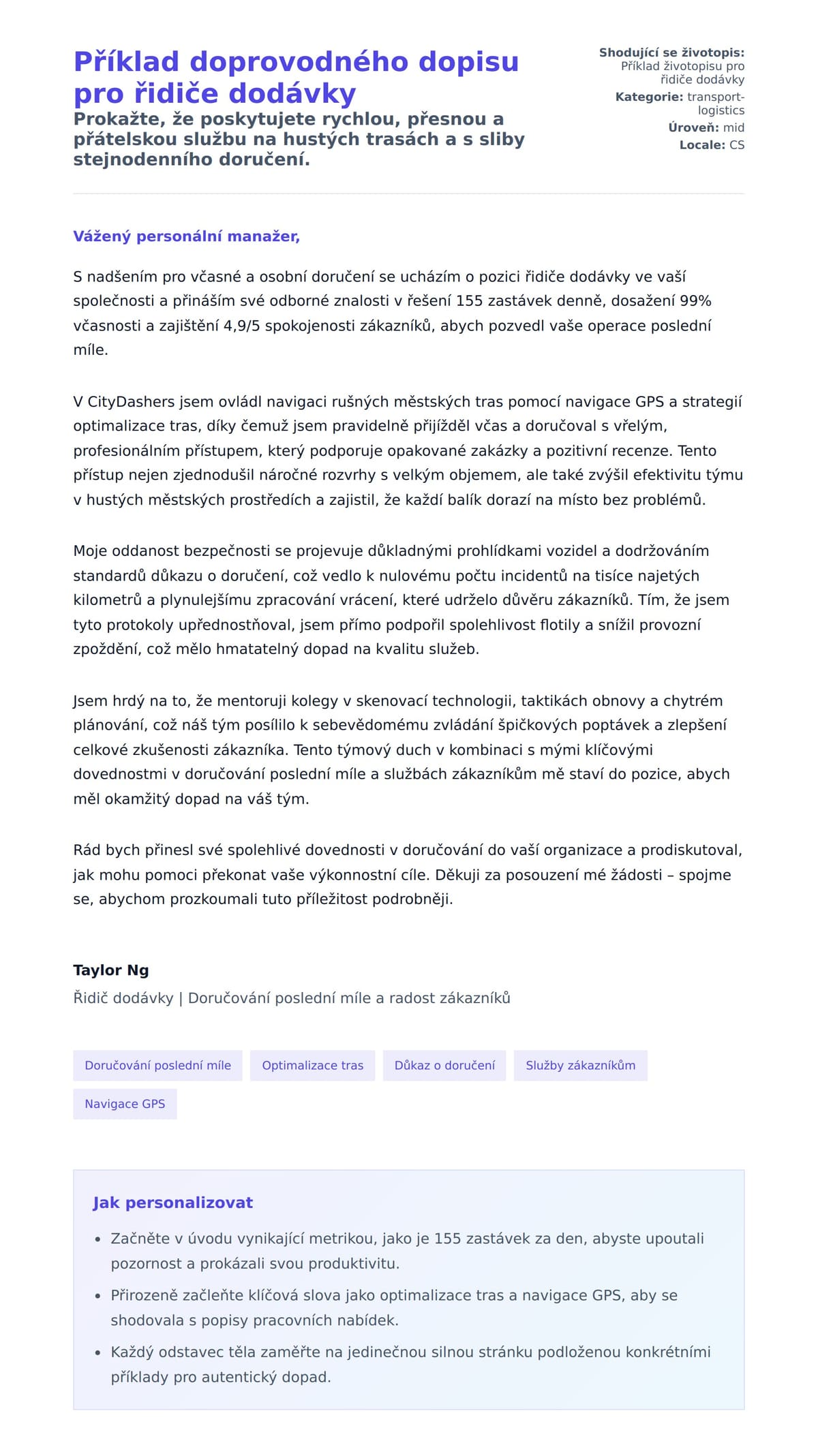 Náhled motivačního dopisu pro Příklad doprovodného dopisu pro řidiče dodávky