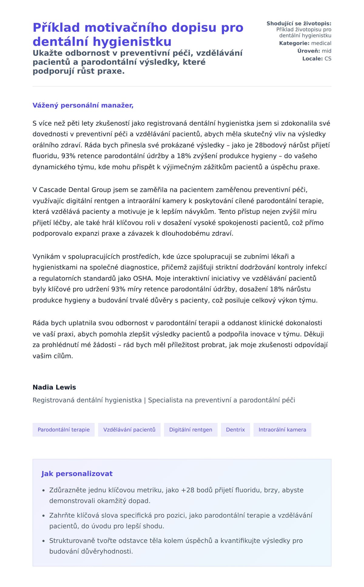 Náhled motivačního dopisu pro Příklad motivačního dopisu pro dentální hygienistku