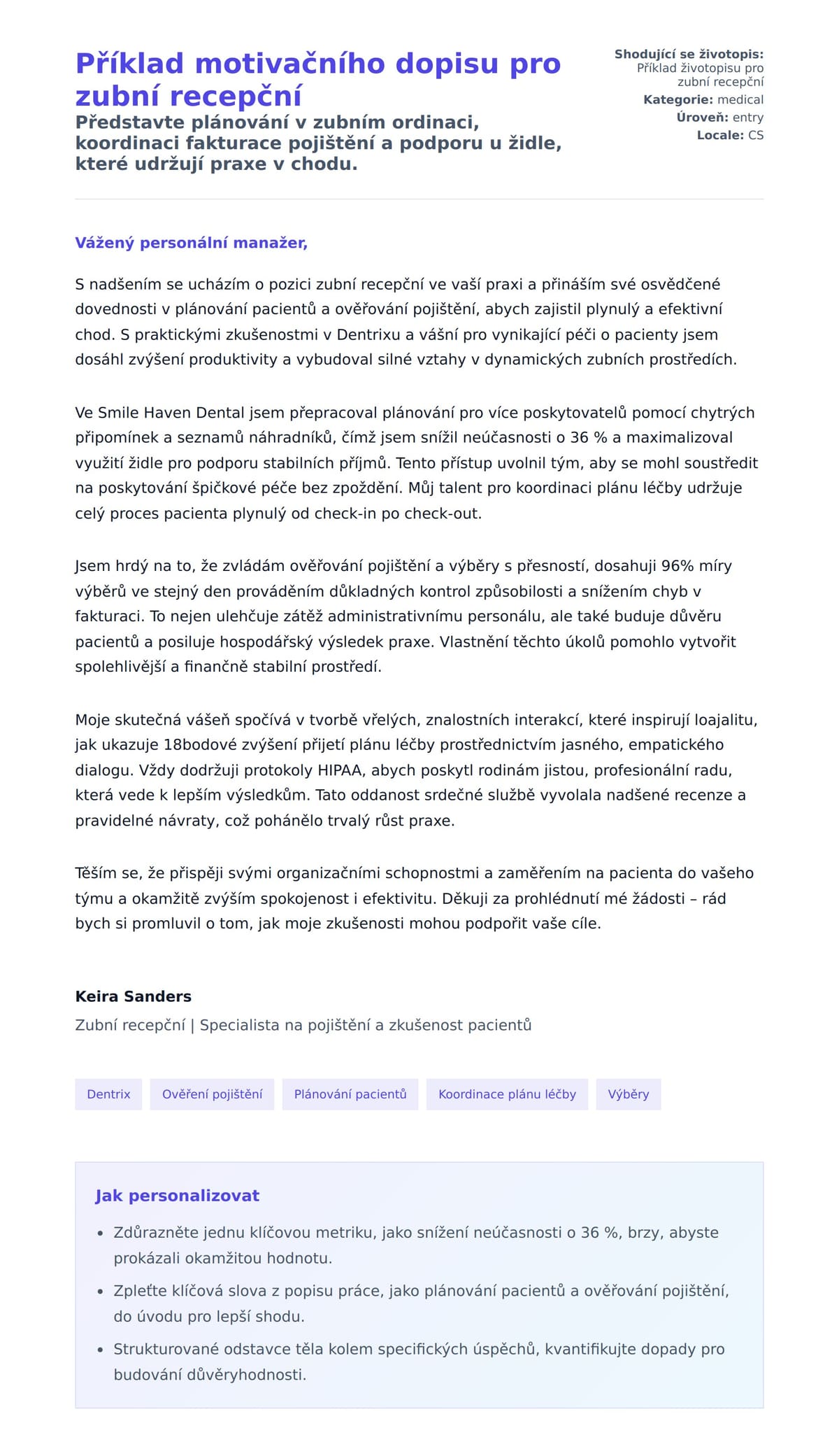Náhled motivačního dopisu pro Příklad motivačního dopisu pro zubní recepční