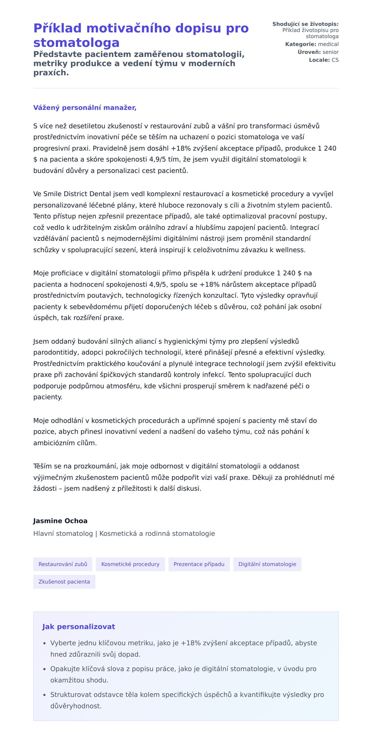 Náhled motivačního dopisu pro Příklad motivačního dopisu pro stomatologa