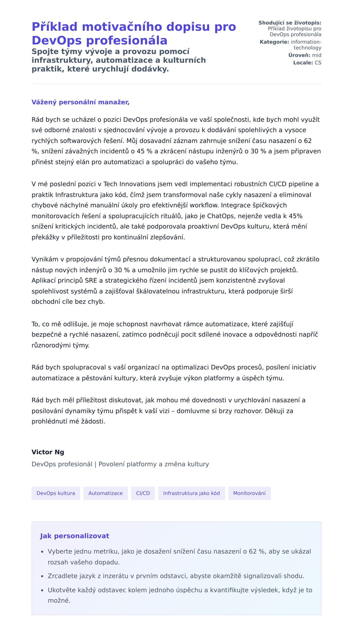 Náhled motivačního dopisu pro Příklad motivačního dopisu pro DevOps profesionála