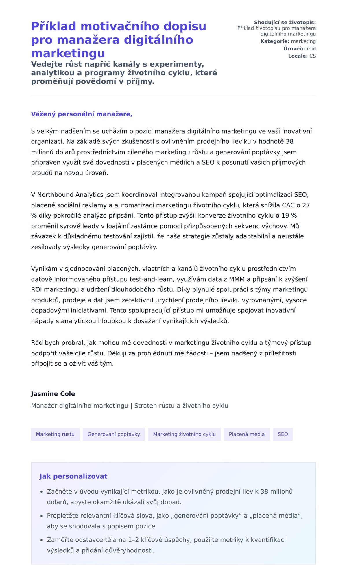 Náhled motivačního dopisu pro Příklad motivačního dopisu pro manažera digitálního marketingu