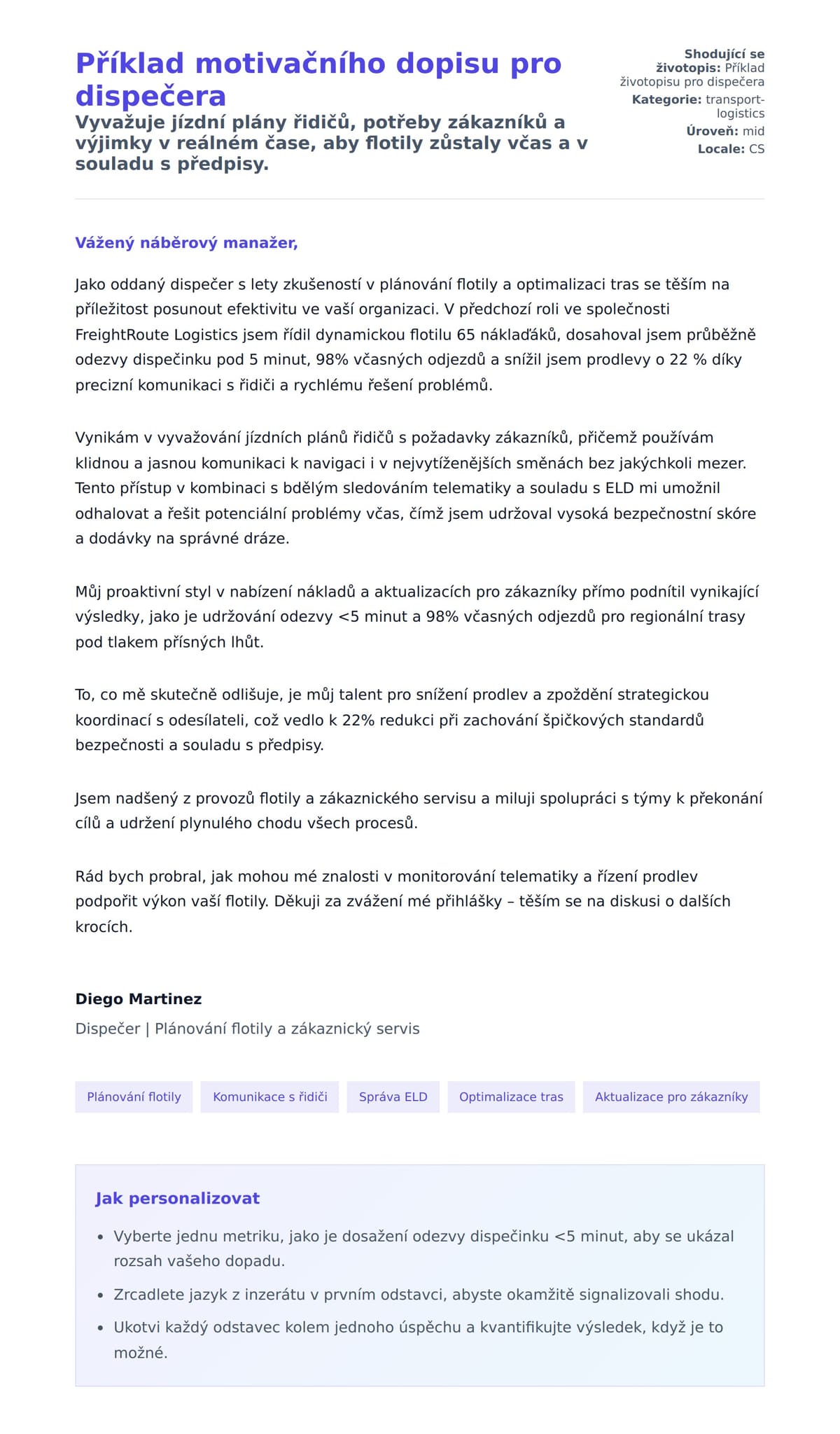 Náhled motivačního dopisu pro Příklad motivačního dopisu pro dispečera