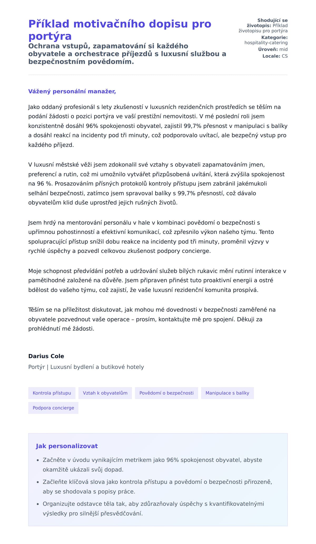 Náhled motivačního dopisu pro Příklad motivačního dopisu pro portýra