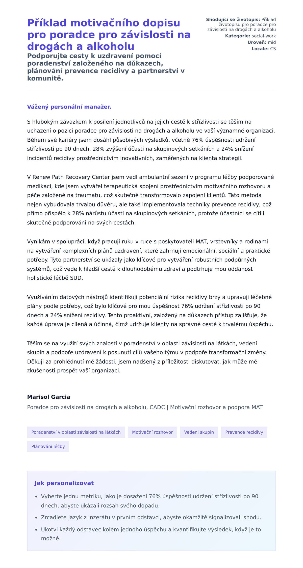 Náhled motivačního dopisu pro Příklad motivačního dopisu pro poradce pro závislosti na drogách a alkoholu