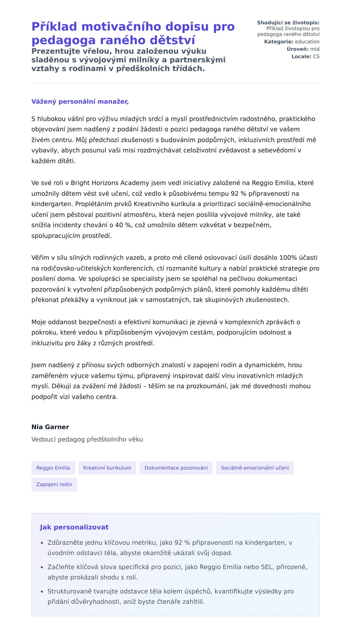 Náhled motivačního dopisu pro Příklad motivačního dopisu pro pedagoga raného dětství