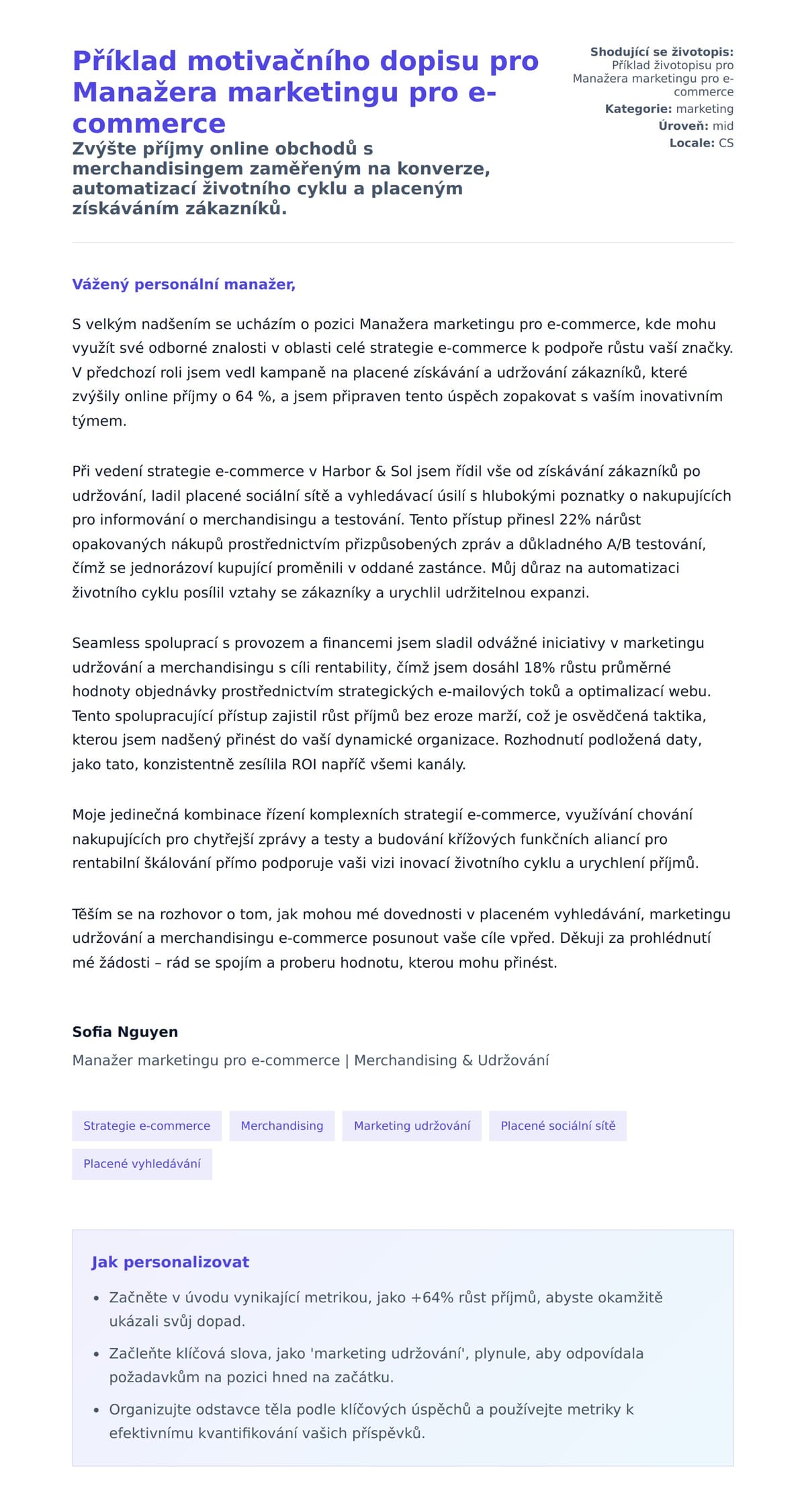 Náhled motivačního dopisu pro Příklad motivačního dopisu pro Manažera marketingu pro e-commerce