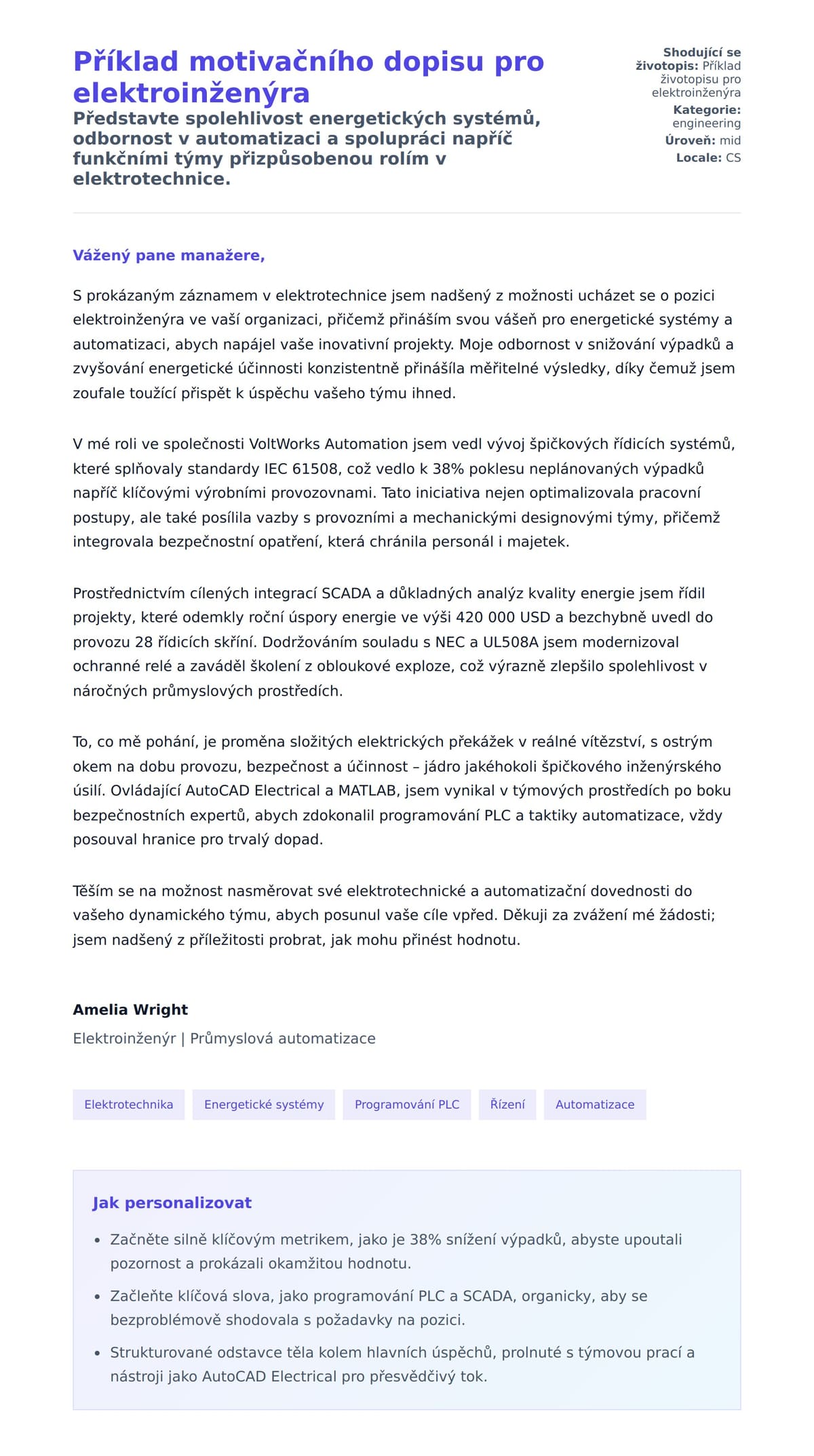 Náhled motivačního dopisu pro Příklad motivačního dopisu pro elektroinženýra