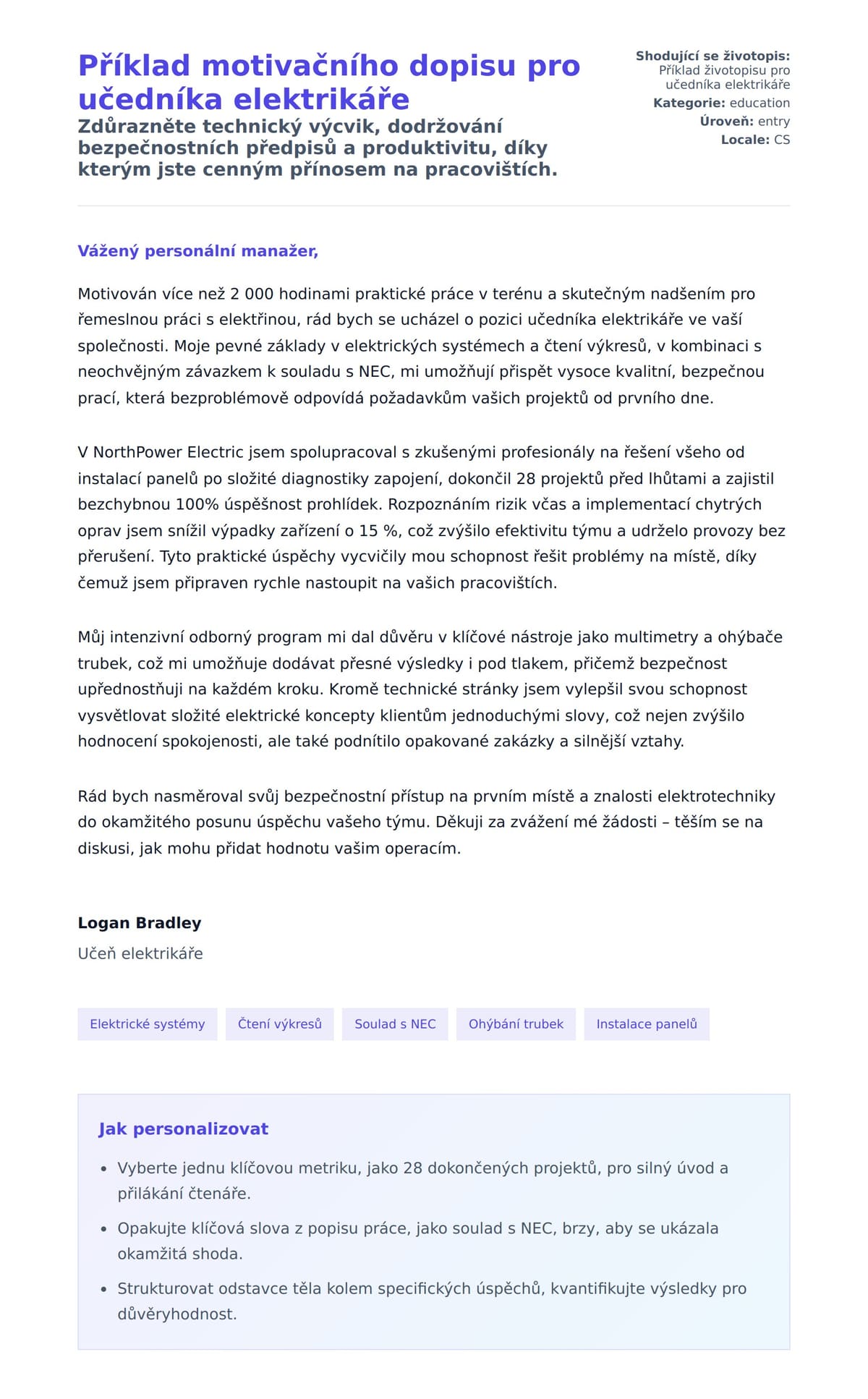 Náhled motivačního dopisu pro Příklad motivačního dopisu pro učedníka elektrikáře