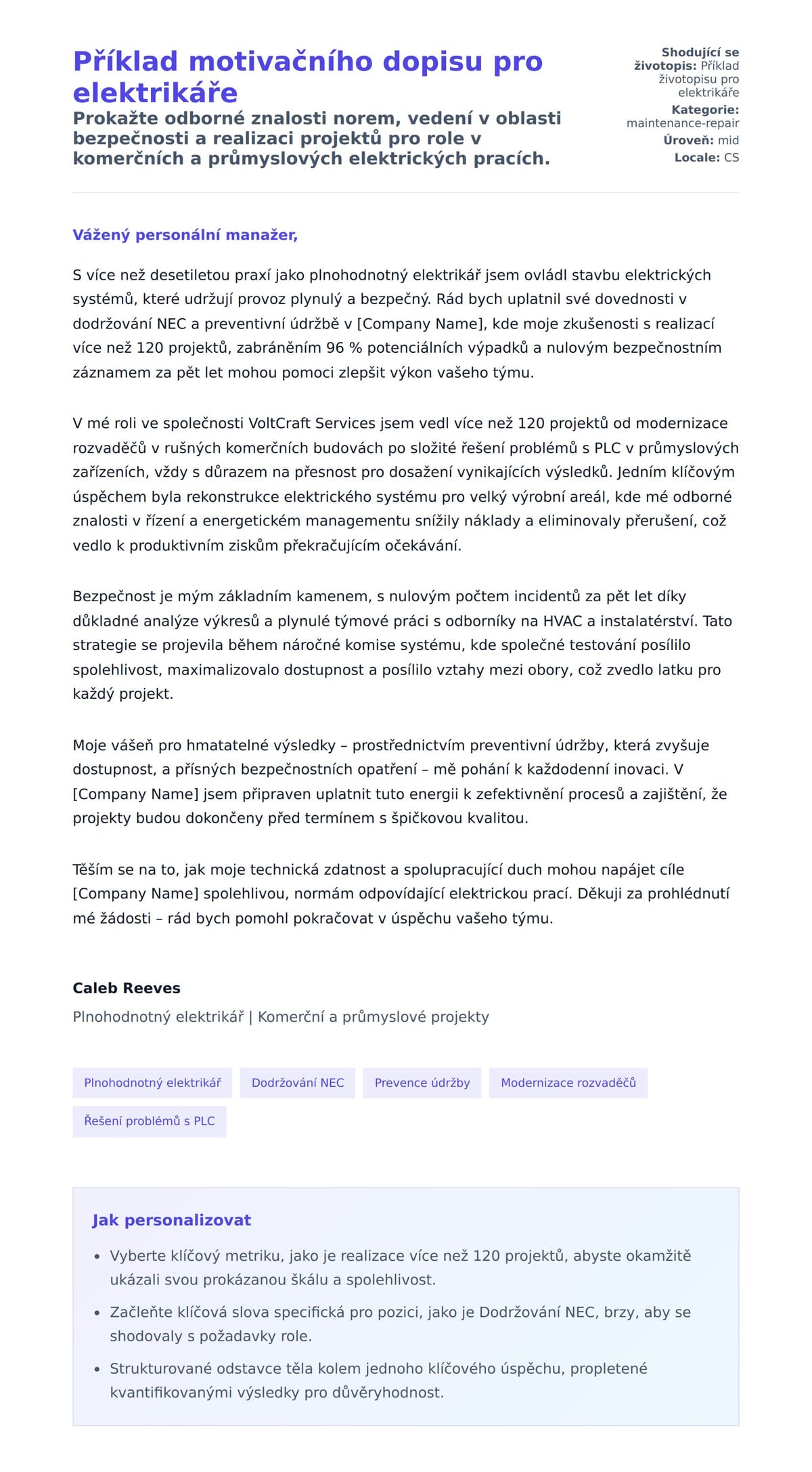 Náhled motivačního dopisu pro Příklad motivačního dopisu pro elektrikáře