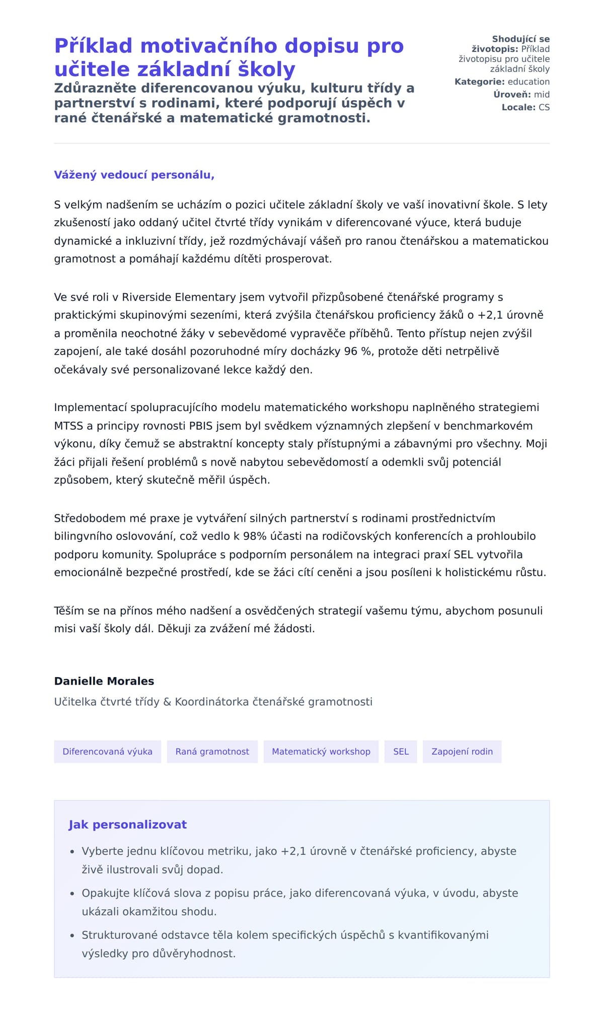 Náhled motivačního dopisu pro Příklad motivačního dopisu pro učitele základní školy
