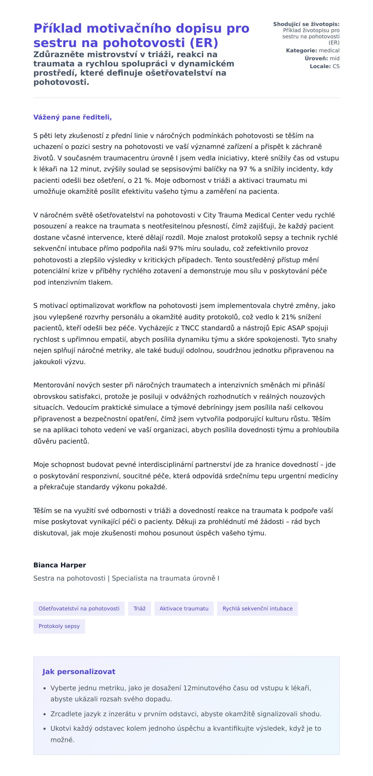 Náhled motivačního dopisu pro Příklad motivačního dopisu pro sestru na pohotovosti (ER)