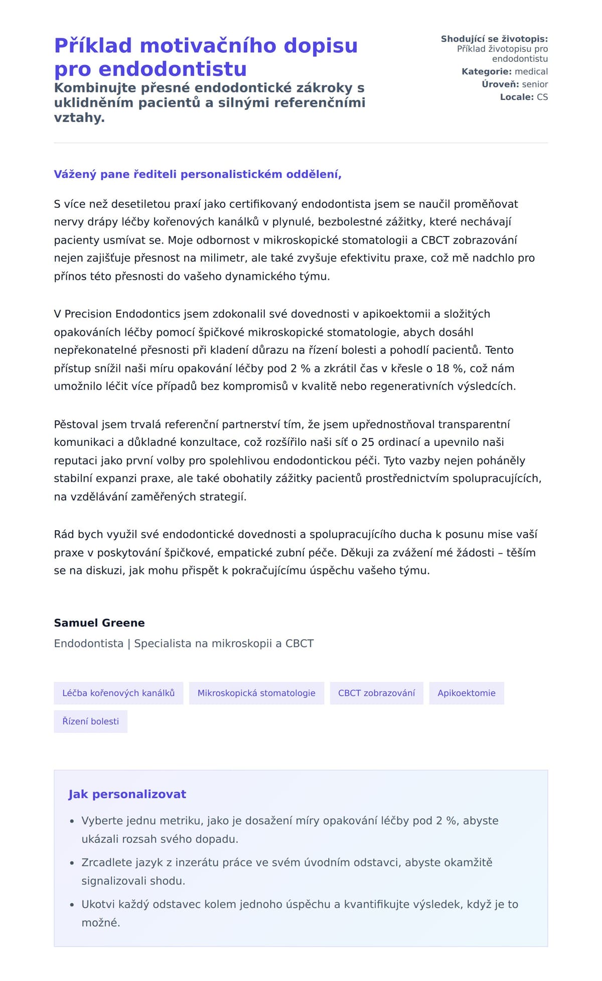 Náhled motivačního dopisu pro Příklad motivačního dopisu pro endodontistu