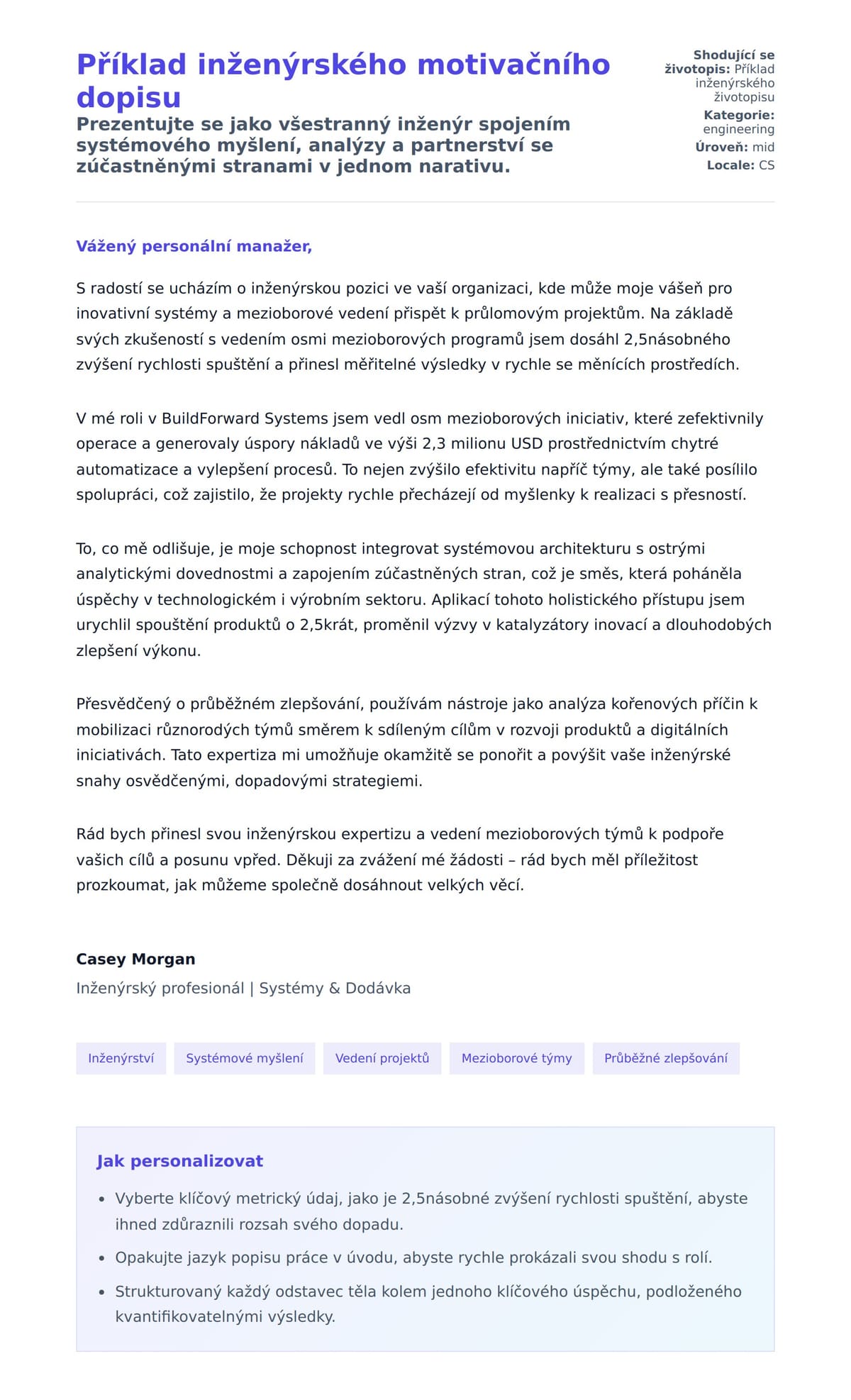 Náhled motivačního dopisu pro Příklad inženýrského motivačního dopisu