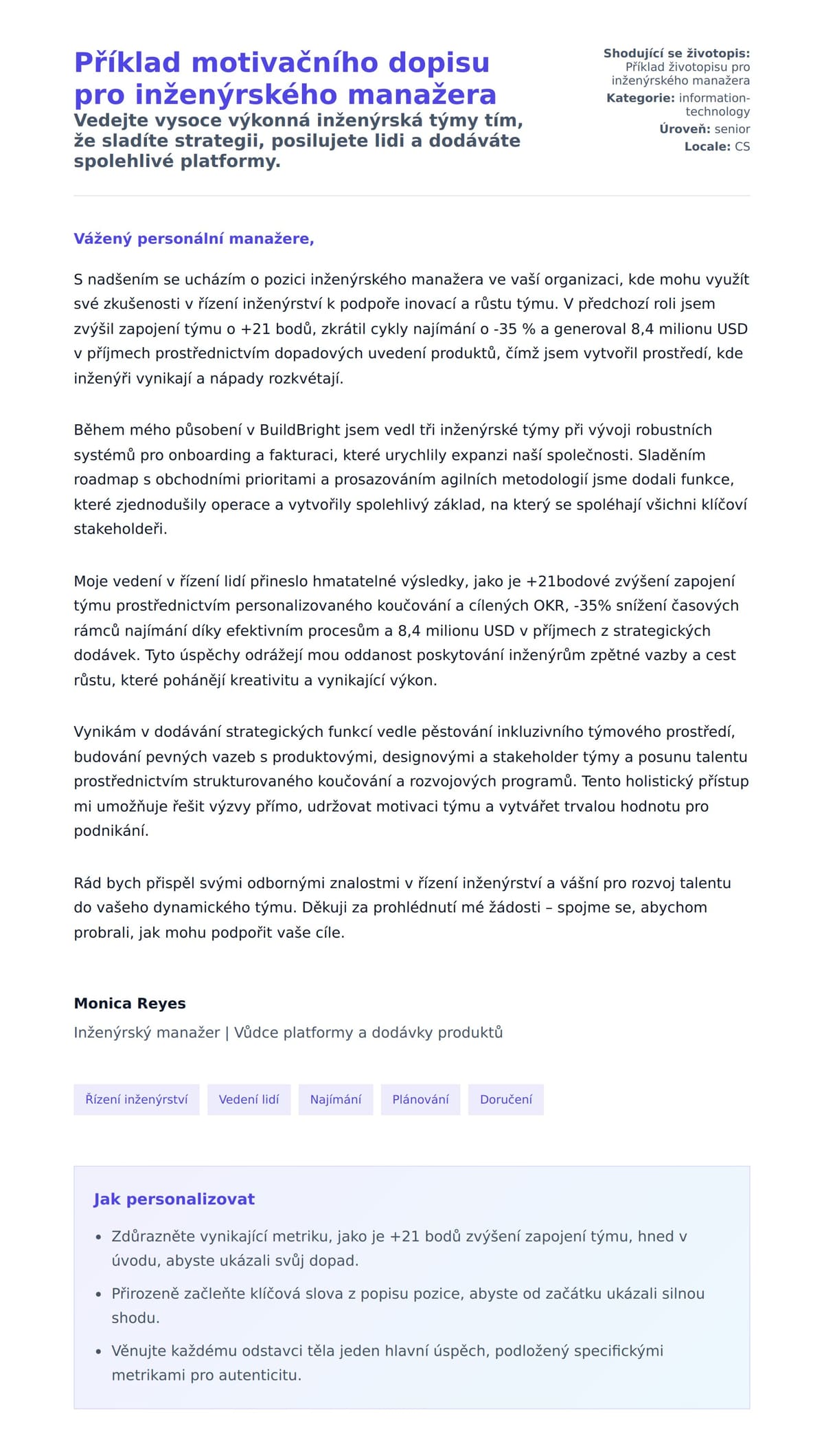 Náhled motivačního dopisu pro Příklad motivačního dopisu pro inženýrského manažera