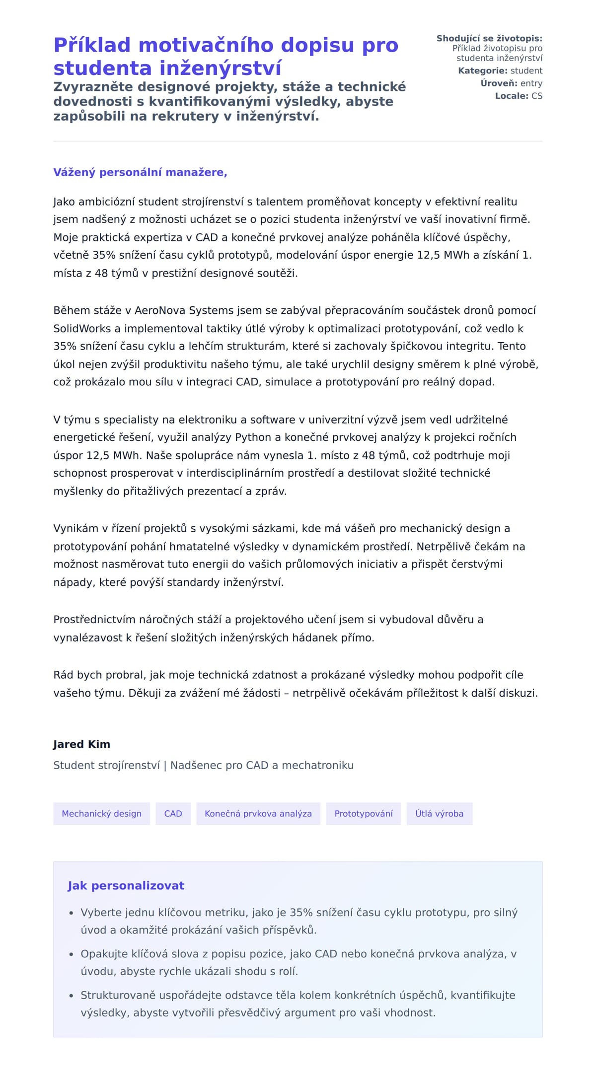 Náhled motivačního dopisu pro Příklad motivačního dopisu pro studenta inženýrství