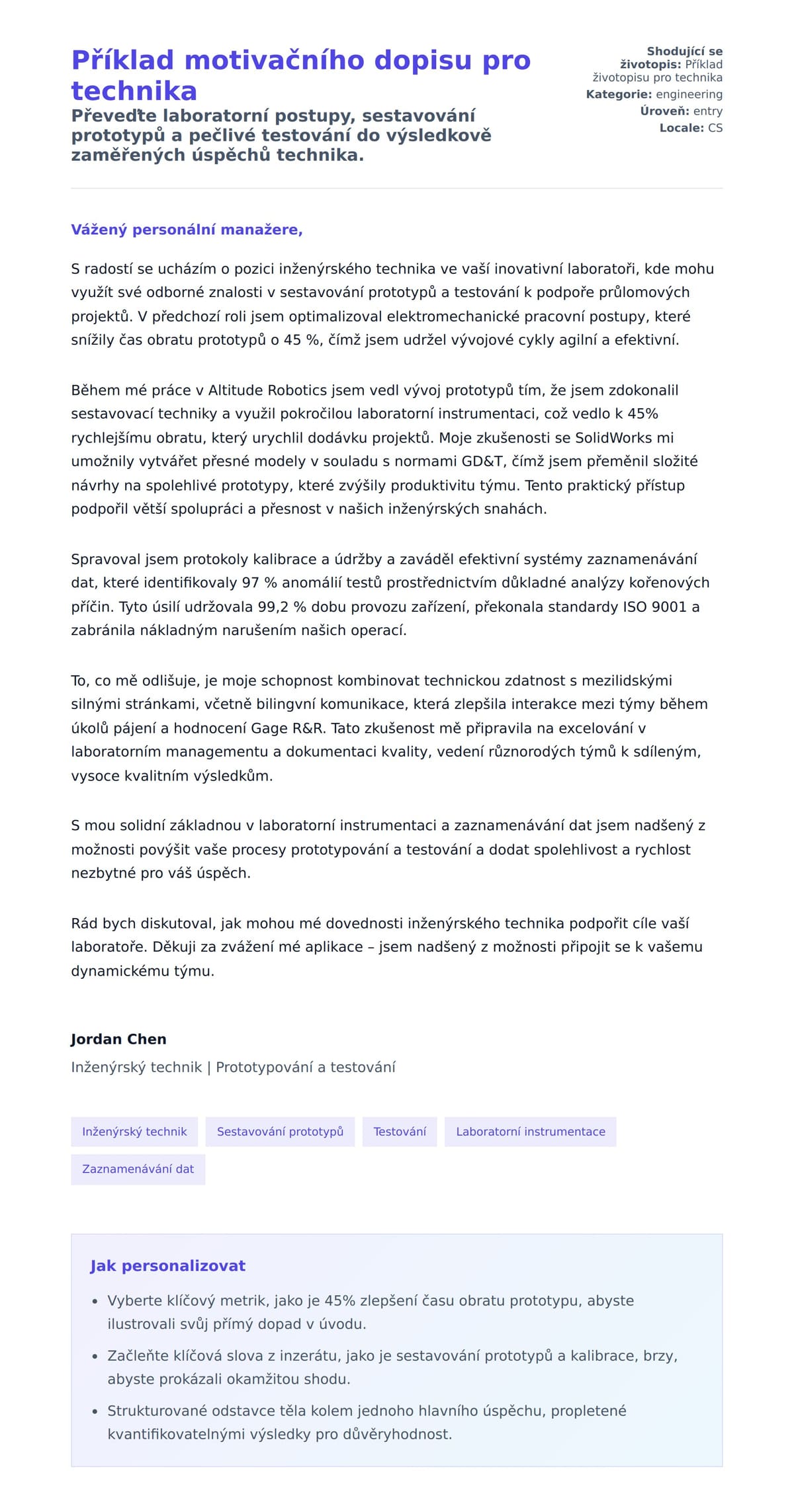 Náhled motivačního dopisu pro Příklad motivačního dopisu pro technika