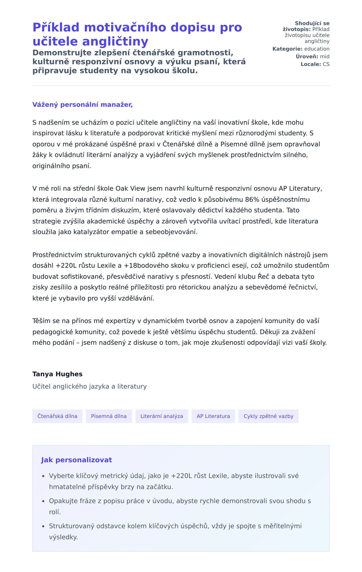 Náhled motivačního dopisu pro Příklad motivačního dopisu pro učitele angličtiny