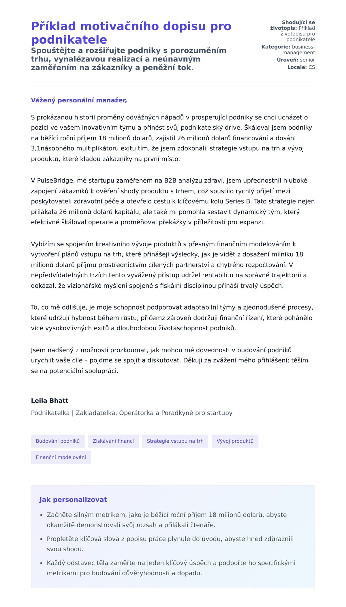 Náhled motivačního dopisu pro Příklad motivačního dopisu pro podnikatele