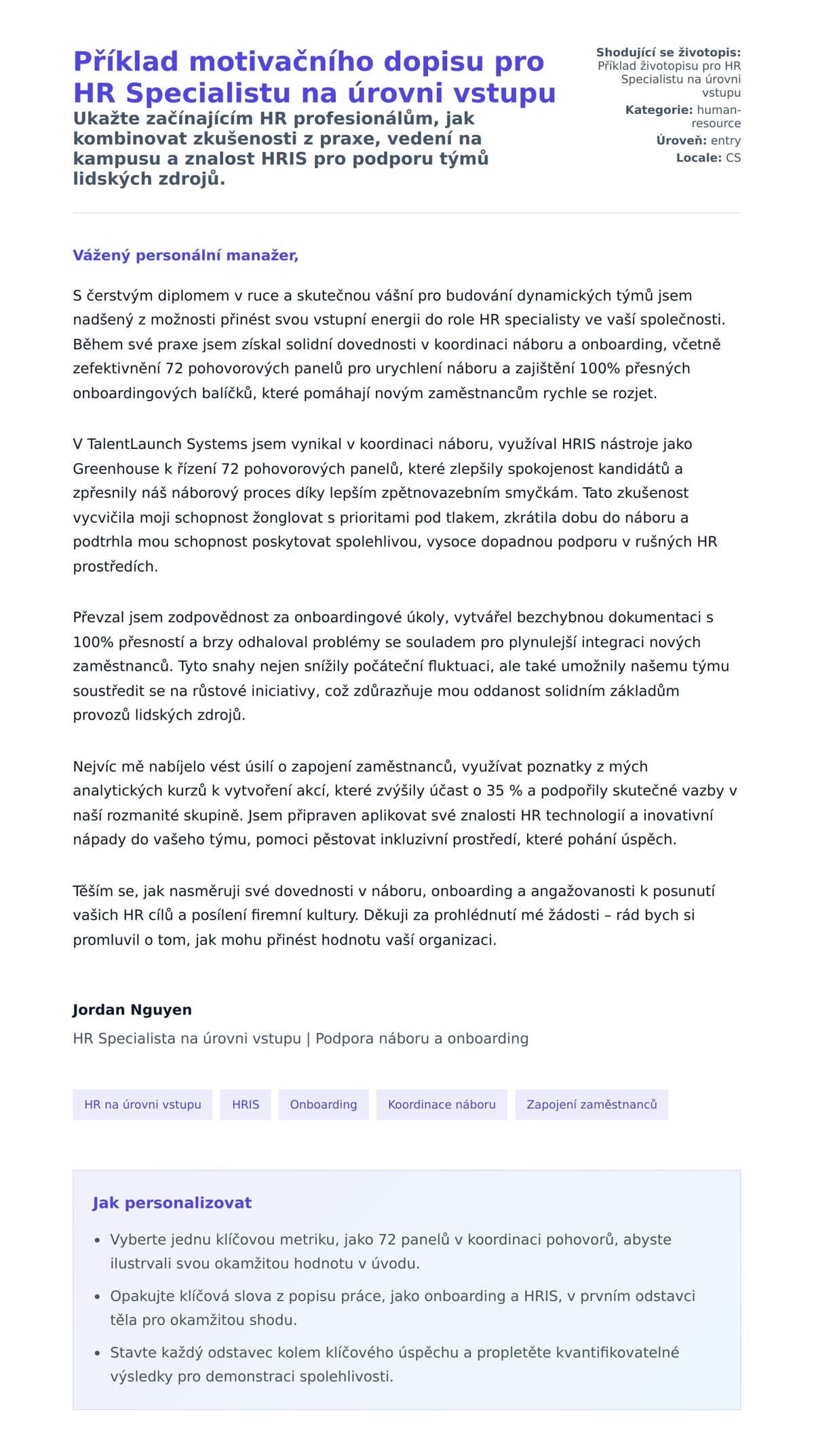 Náhled motivačního dopisu pro Příklad motivačního dopisu pro HR Specialistu na úrovni vstupu