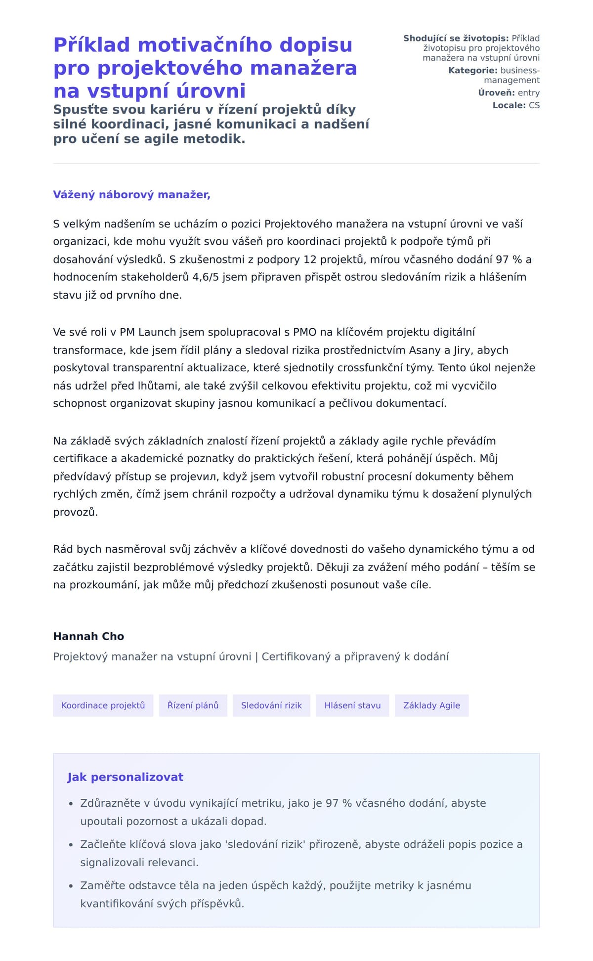 Náhled motivačního dopisu pro Příklad motivačního dopisu pro projektového manažera na vstupní úrovni